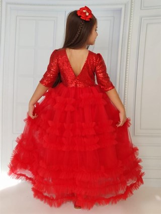 Kız Çocuk Abiye Kırmızı Gelinlik-Kız Çocuk Elbise-Bebegimindolabinda.com