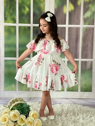 Kız Çocuk Beyaz Çiçekli Elbise-Kız Çocuk Elbise-Bebegimindolabinda.com
