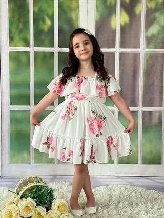 Kız Çocuk Beyaz Çiçekli Elbise-Kız Çocuk Elbise-Bebegimindolabinda.com