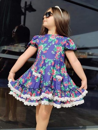 Kız Çocuk Çiçekli Lacivert Elbise-Kız Çocuk Elbise-Bebegimindolabinda.com
