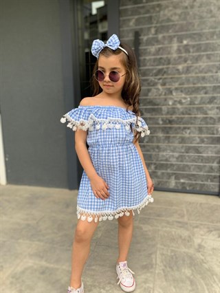 Kız Çocuk Güpürlü Mavi Ekose Elbise-Kız Çocuk Elbise-Bebegimindolabinda.com