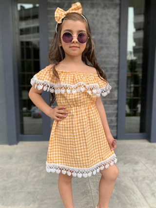 Kız Çocuk Güpürlü Sarı Ekose Elbise-Kız Çocuk Elbise-Bebegimindolabinda.com