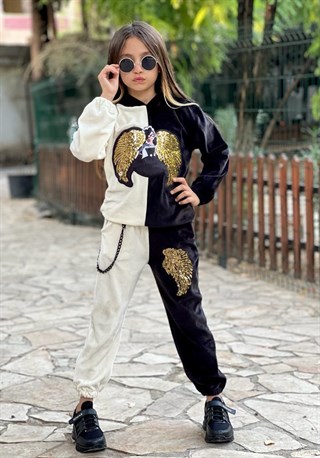 Kız Çocuk Kadife Pul Payetli Fransız Kadife Eşofman Takımı Siyah Beyaz-Kız Çocuk Alt Üst Takım-Bebegimindolabinda.com