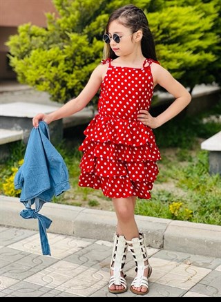 Kız Çocuk Kırmızı Puantiye Desenli Elbise-Kız Çocuk Elbise-Bebegimindolabinda.com