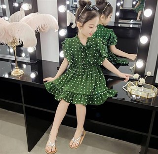 Kız Çocuk Krep Kumaş Puantiyeli Yeşil Elbise-Kız Çocuk Elbise-Bebegimindolabinda.com