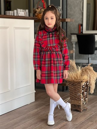 Kız Kırmızı Ekose Desenli Elbise-Kız Çocuk Elbise-Bebegimindolabinda.com
