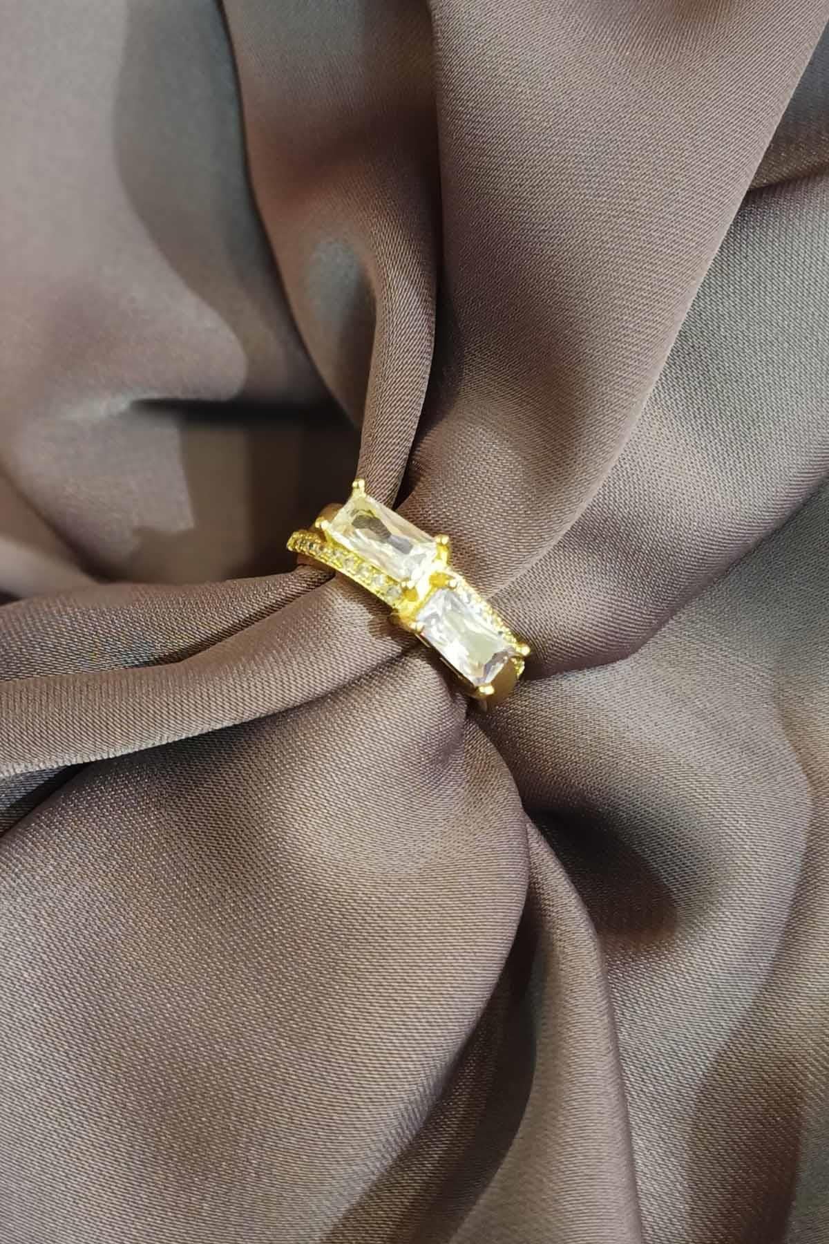 Eswomes Çift Baget Taşlı Çelik Yüzük Gold