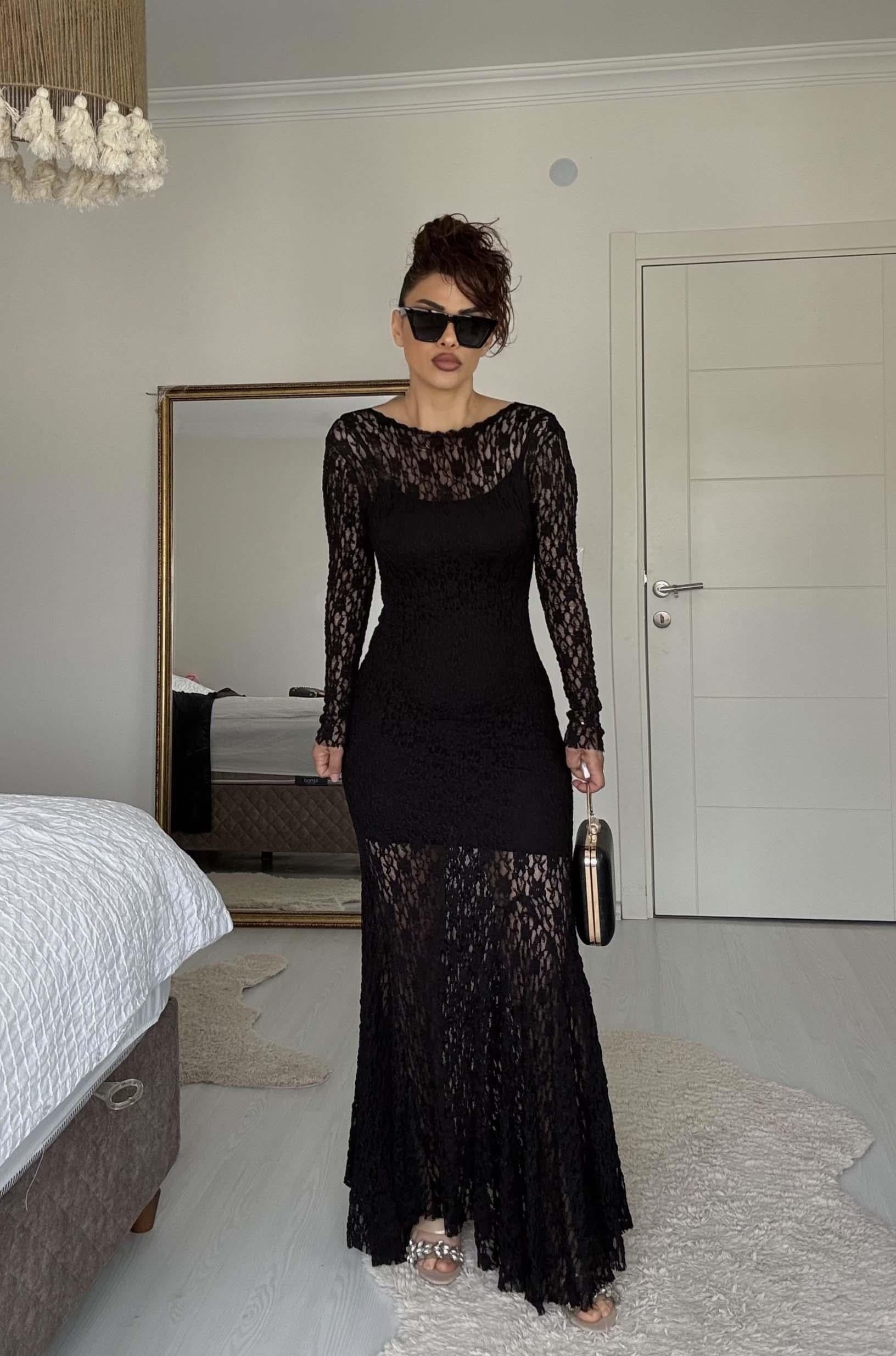 Eswomes Ful Dantel Balık Elbise Siyah