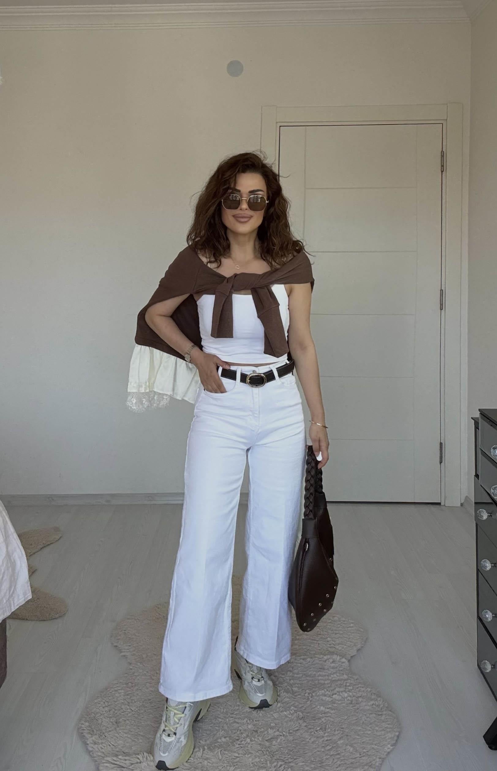 Eswomes Kemerli Wideleg Jean Beyaz