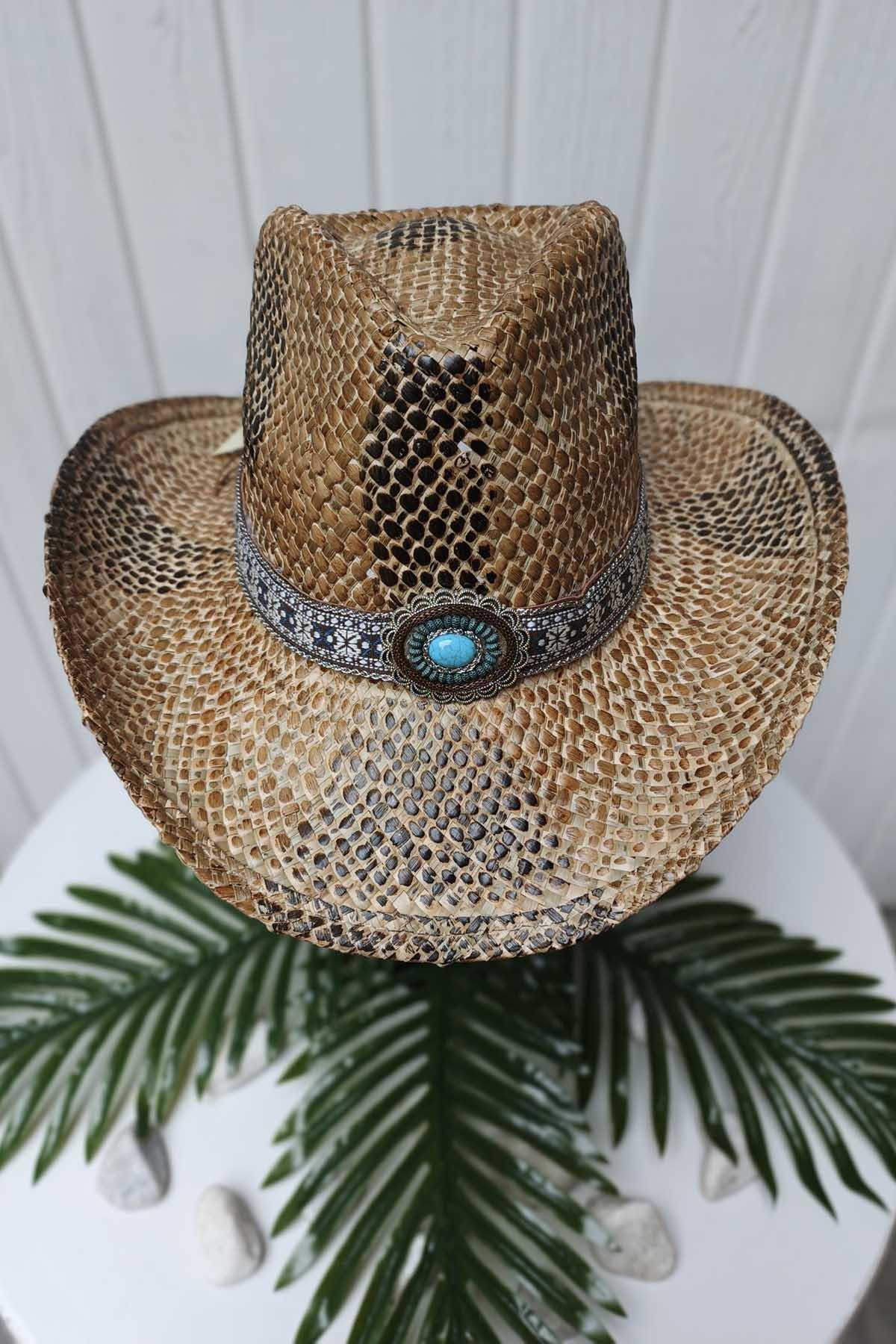 Eswomes Kilim Desen Unisex Kovboy Şapka Hasır-A.Kahve