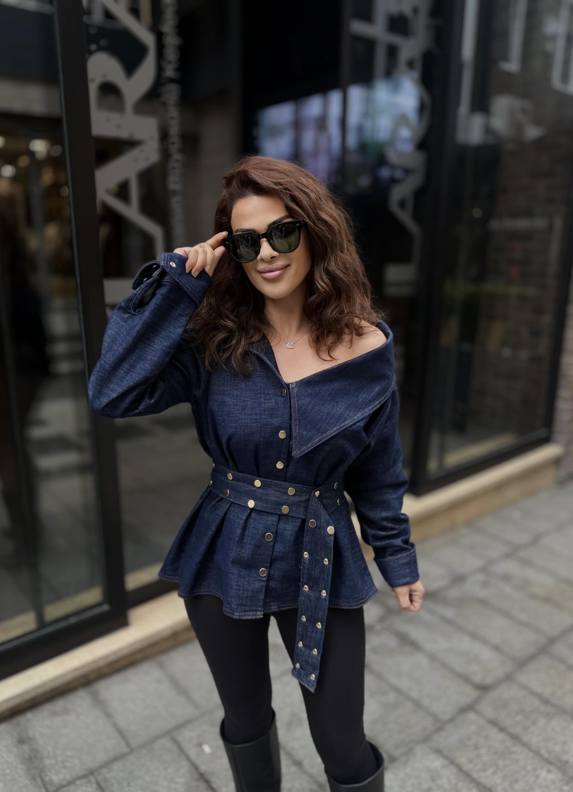 Eswomes Omuz Açık Kemerli Troklu Denim Gömlek Koyu Lacivert