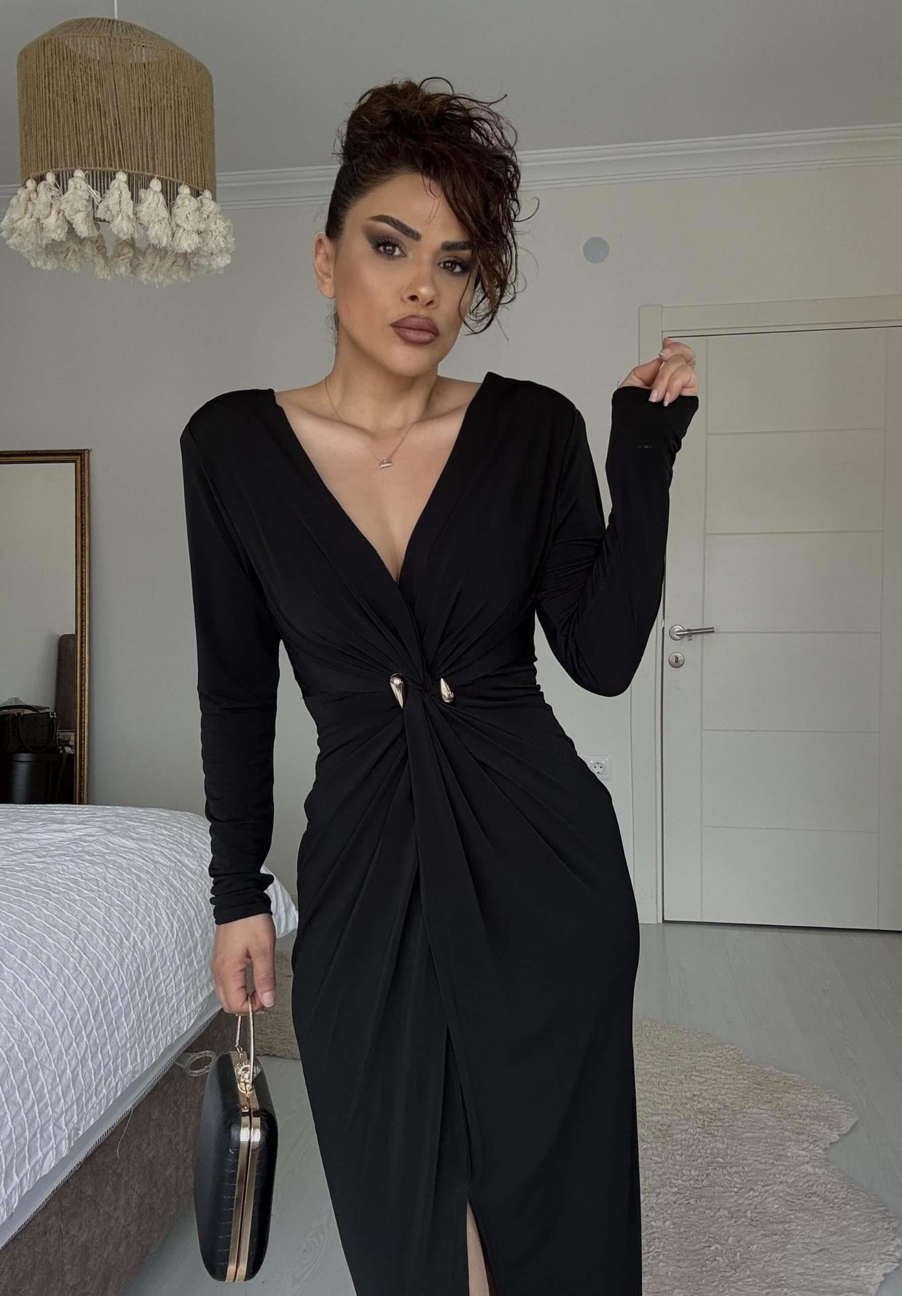 Eswomes Ön Yırtmaçlı V Yaka Dekolteli Elbise Siyah