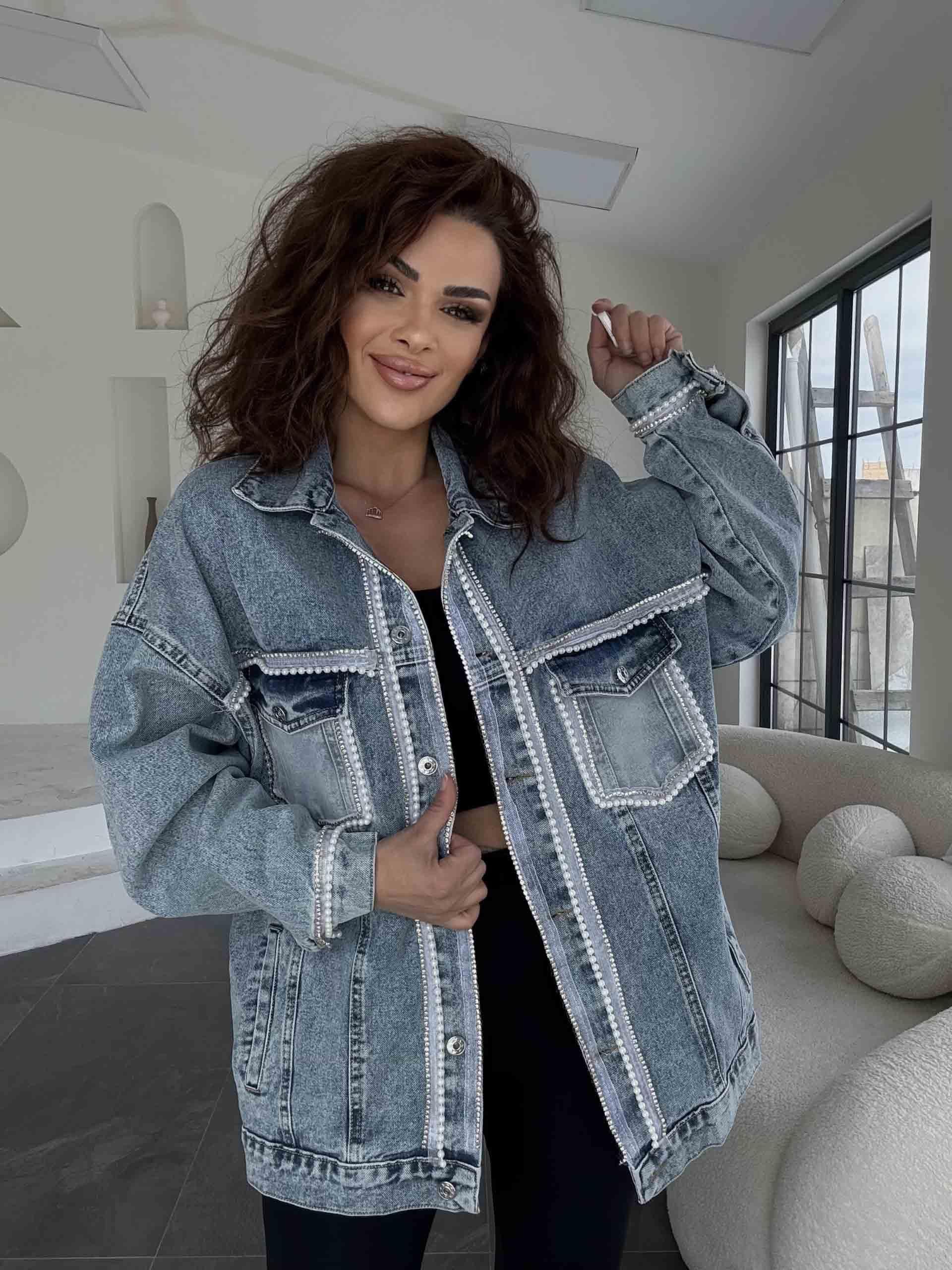 Eswomes Önü Ve Kolları İnvi Ve Taş Şeritli Denim Ceket Buz Mavi