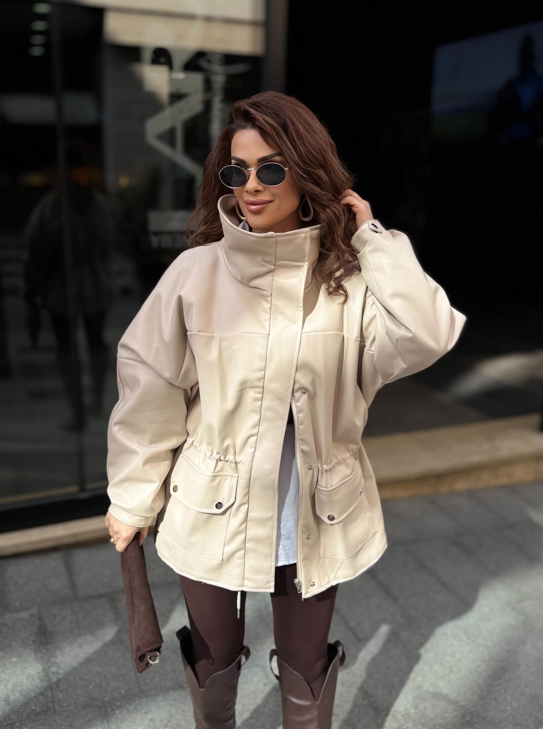 Eswomes Oversize Dik Yaka Oversize Deri Ceket Bej
