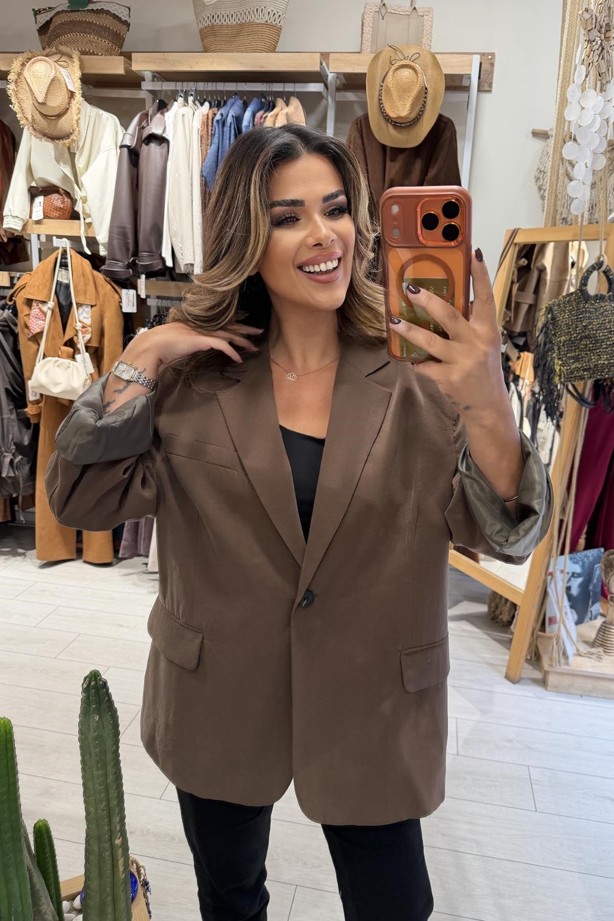 Eswomes Tek Düğmeli Oversize Ceket Kahverengi