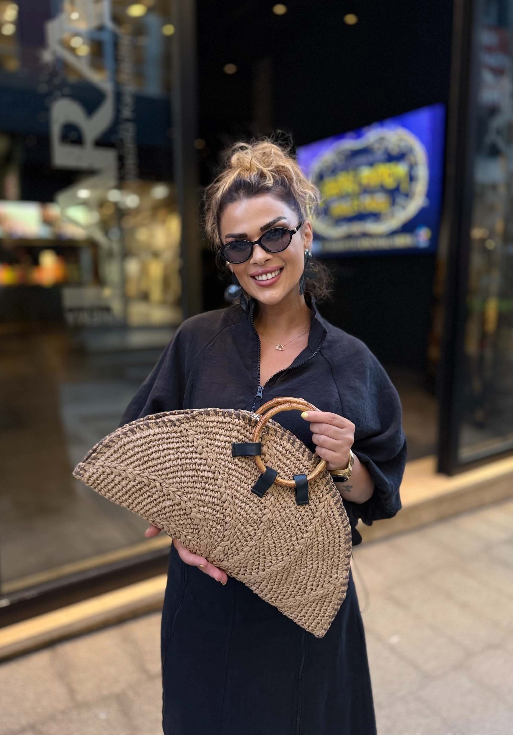 Eswomes Yelpaze Model Ahşap Saplı Çanta Camel