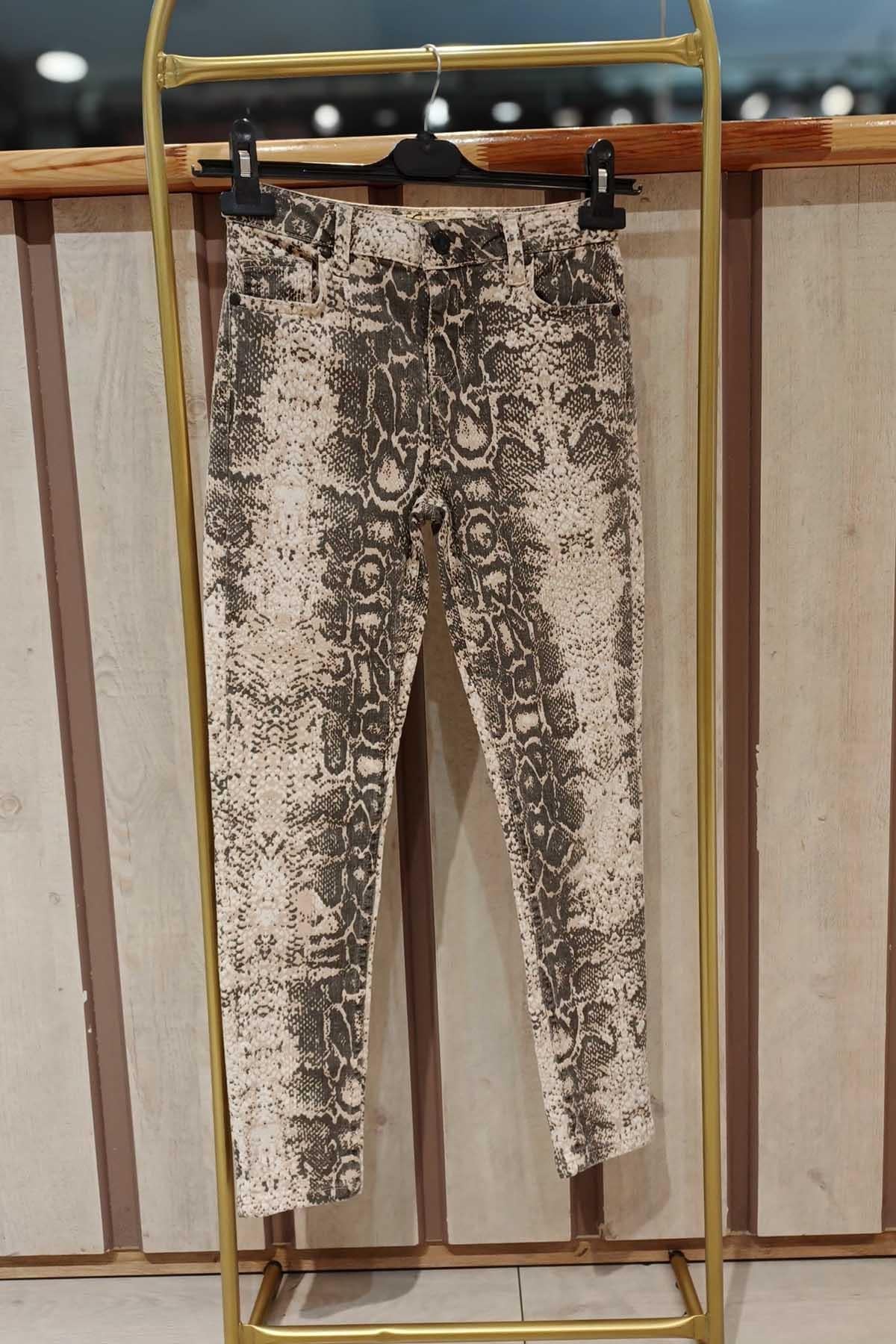 Eswomes Yılan Desen Slim Pantolon Bej