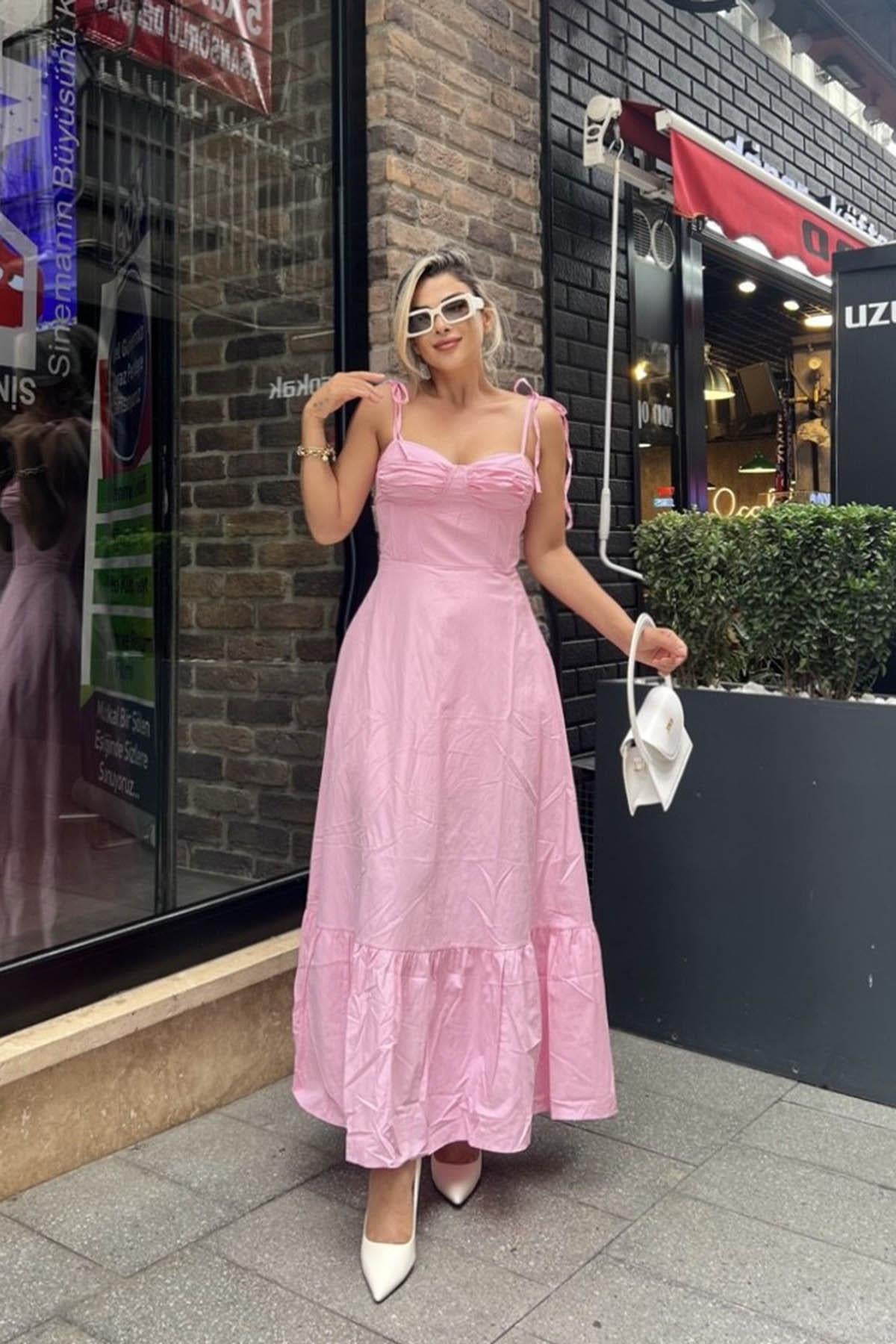 Eswomes Askısı Bağlam Detay Uzun Elbise Pembe