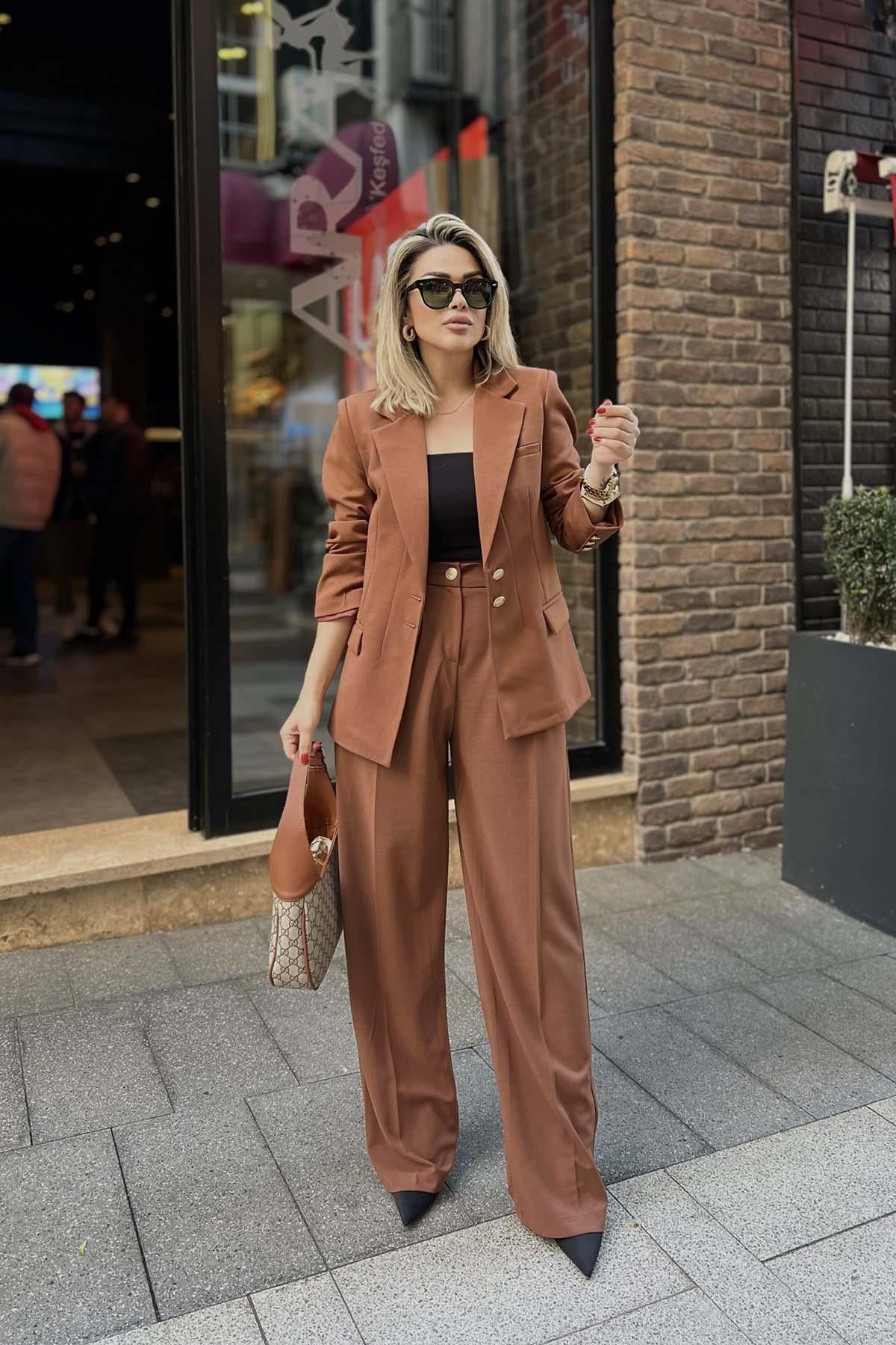 Eswomes Blazer Ceket & Palazzo Pantolon Takım Kahverengi