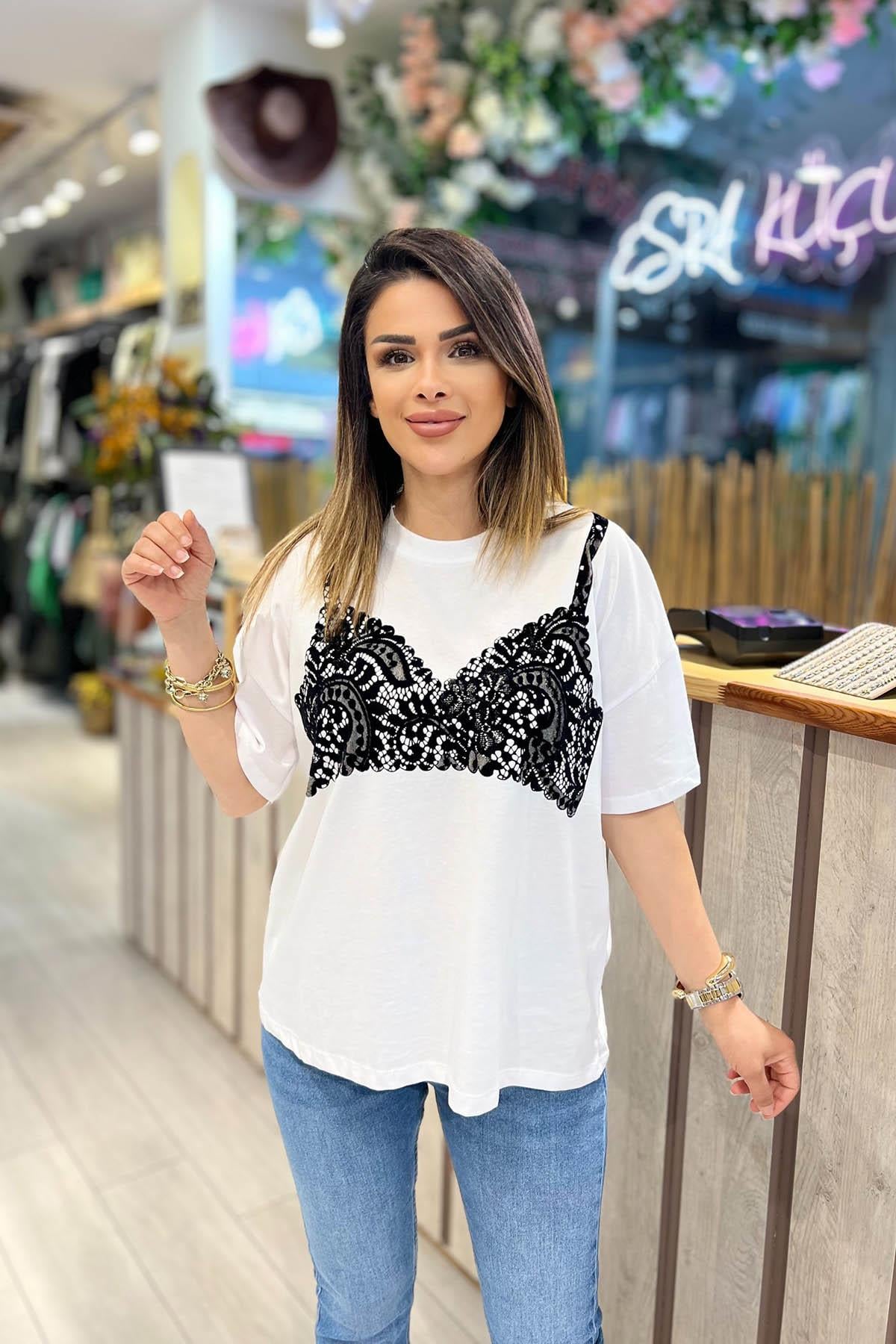 Eswomes Büstiyer Baskılı T-shirt Beyaz