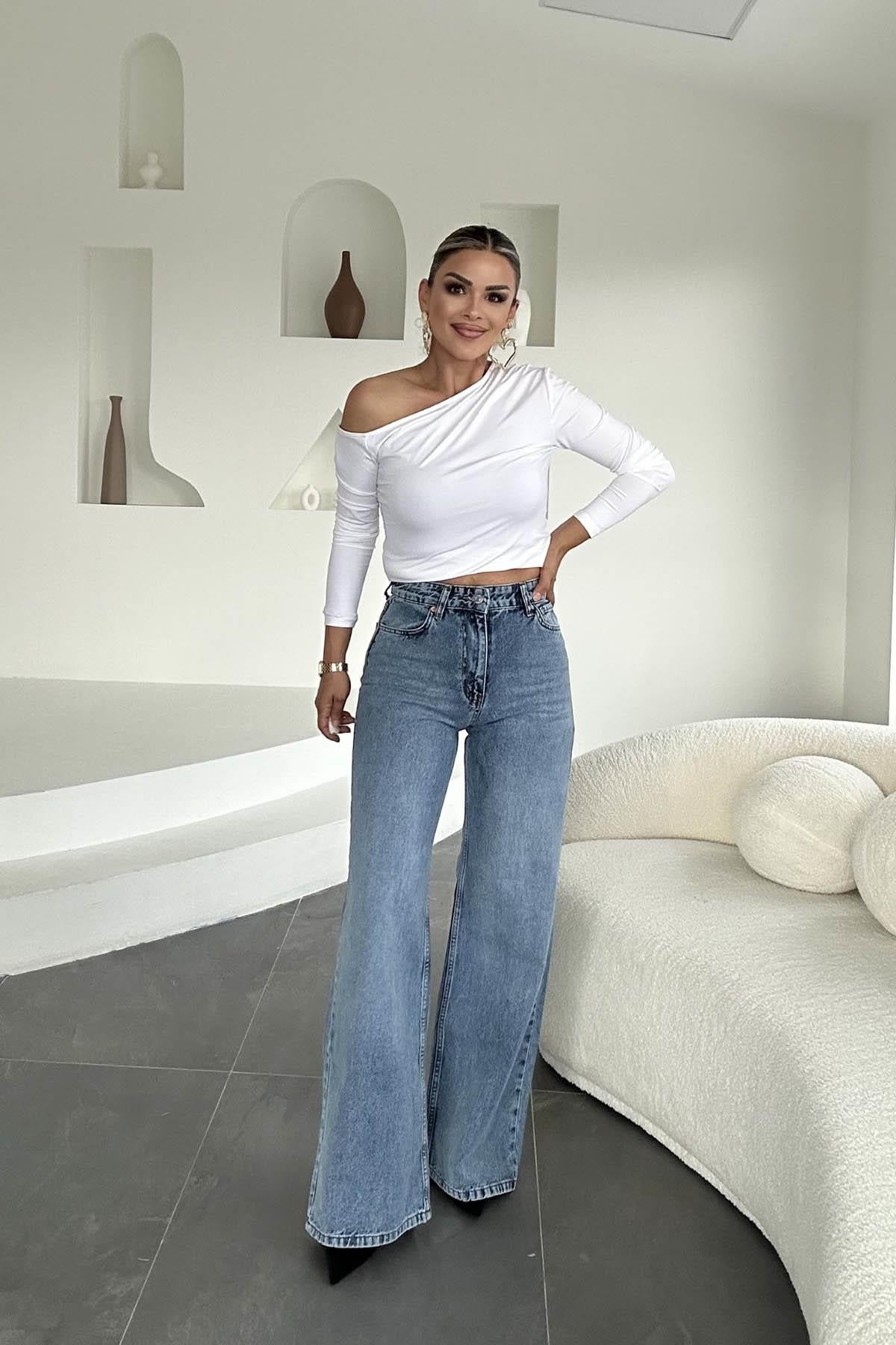 Eswomes Denim Lazer Tasarım Palazzo Pantolon Açık Mavi