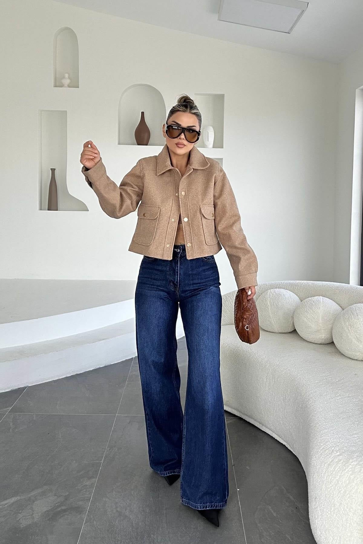 Eswomes Denim Lazer Tasarım Palazzo Pantolon Koyu Mavi