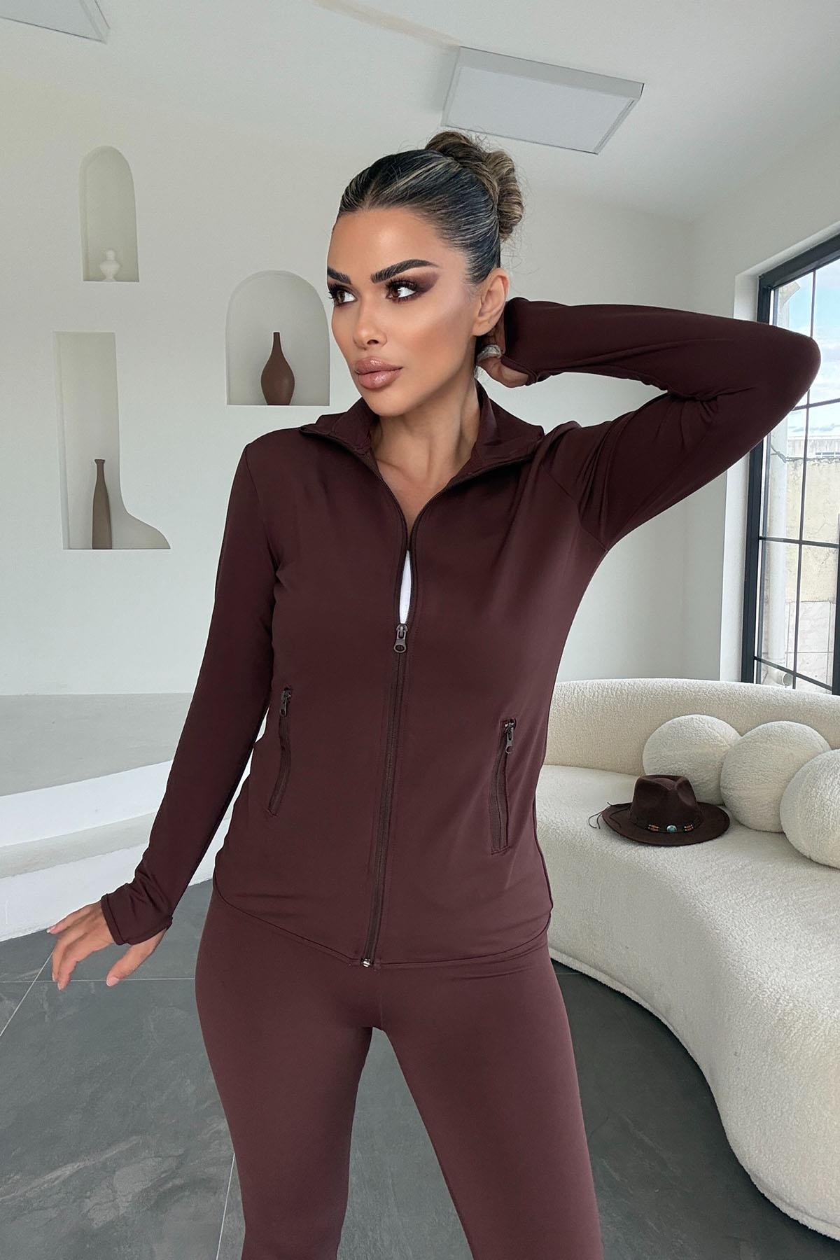 Eswomes Fermuarlı Sweatshirt Tayt Takım Kahverengi