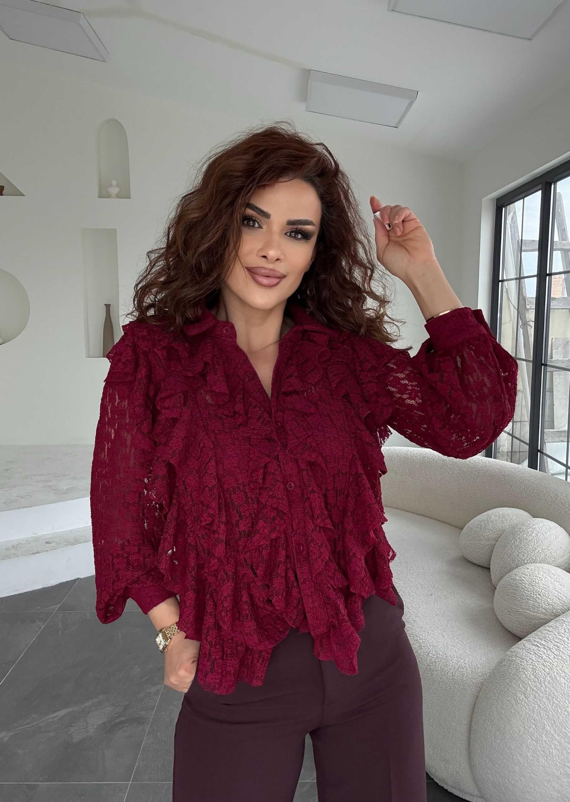 Eswomes Ful Dantel Fırfırlı Lüks Gömlek Bordo
