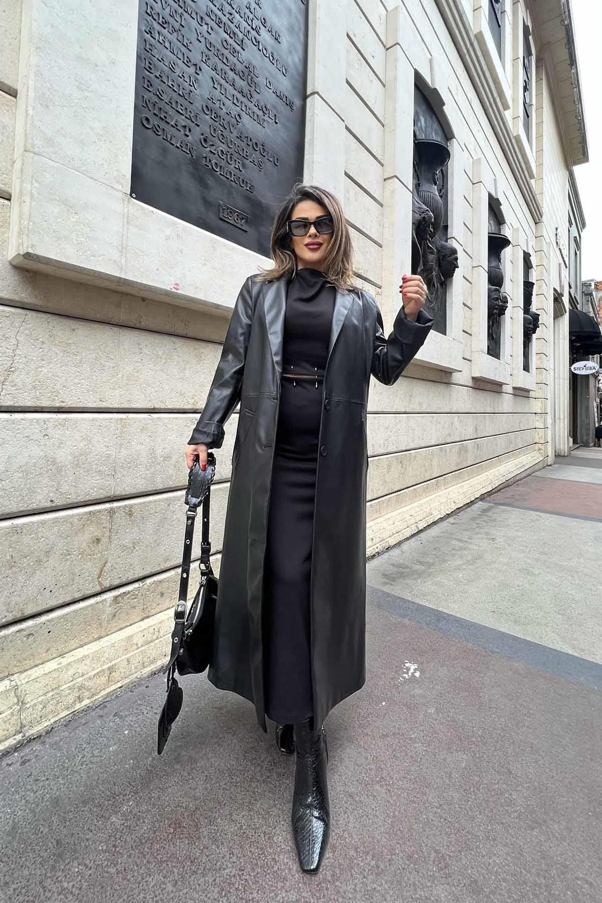 Eswomes Geniş Kesim Deri Trençkot Siyah
