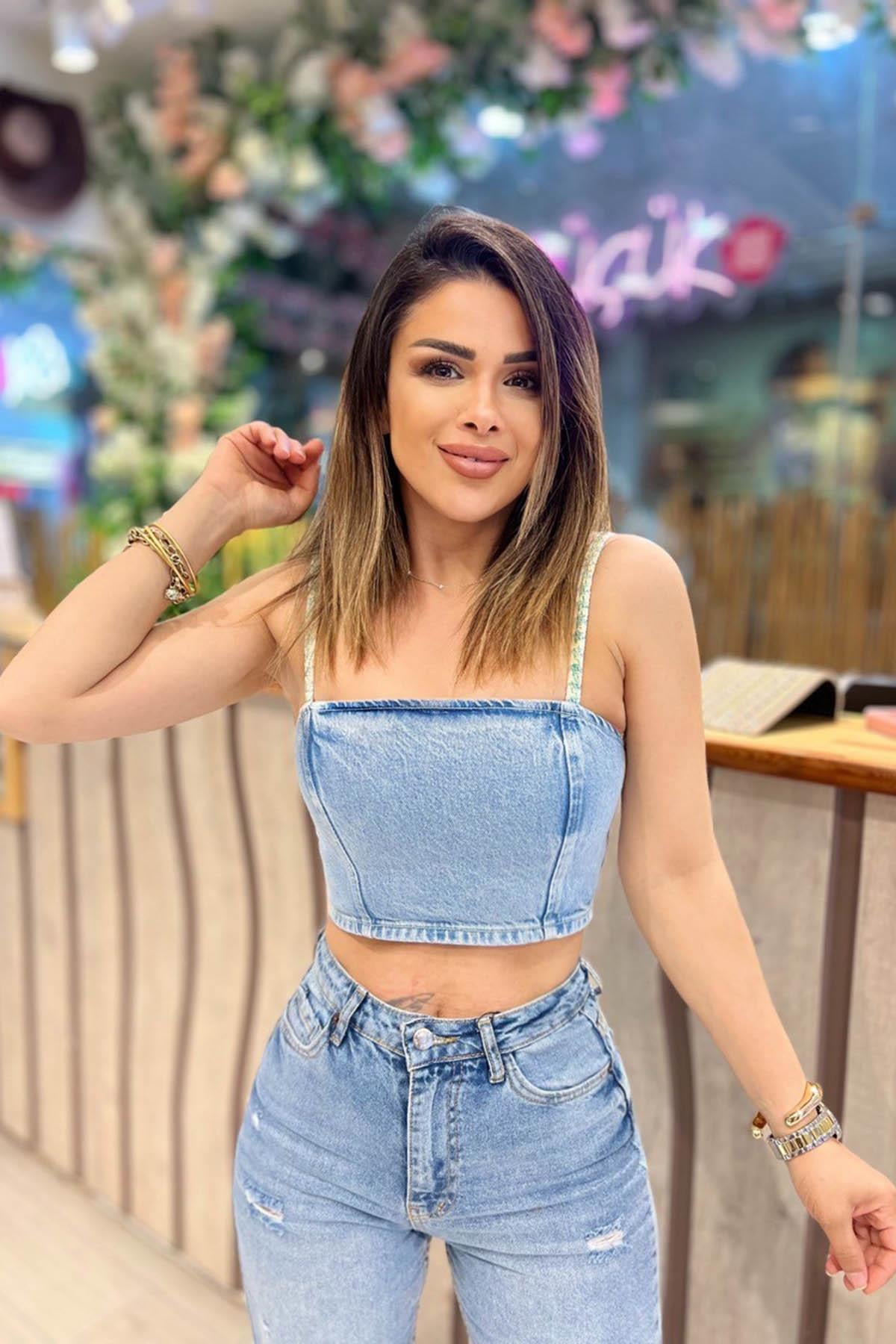 Eswomes İp Askılı Kot Croptop Buz Mavi