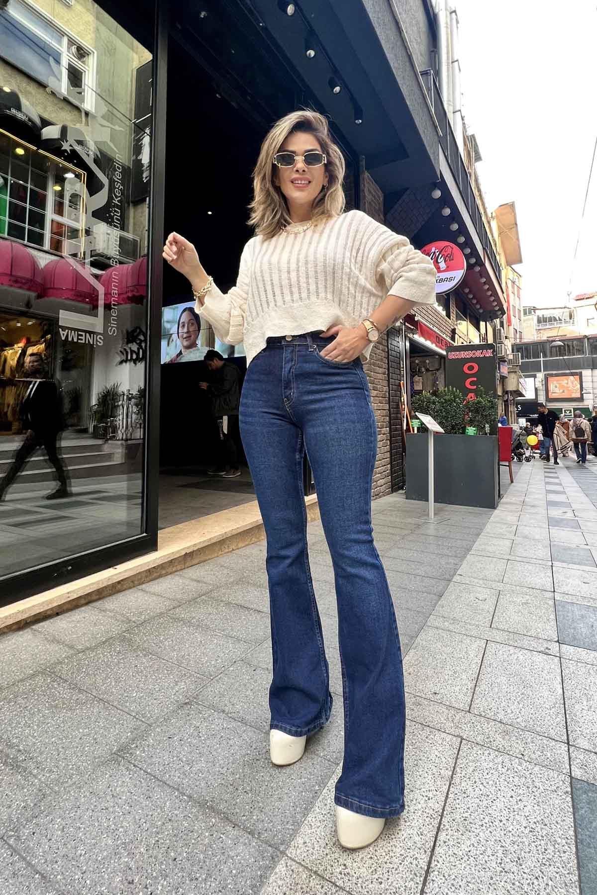 Eswomes İspanyol Paça Jean Pantolon Lacivert