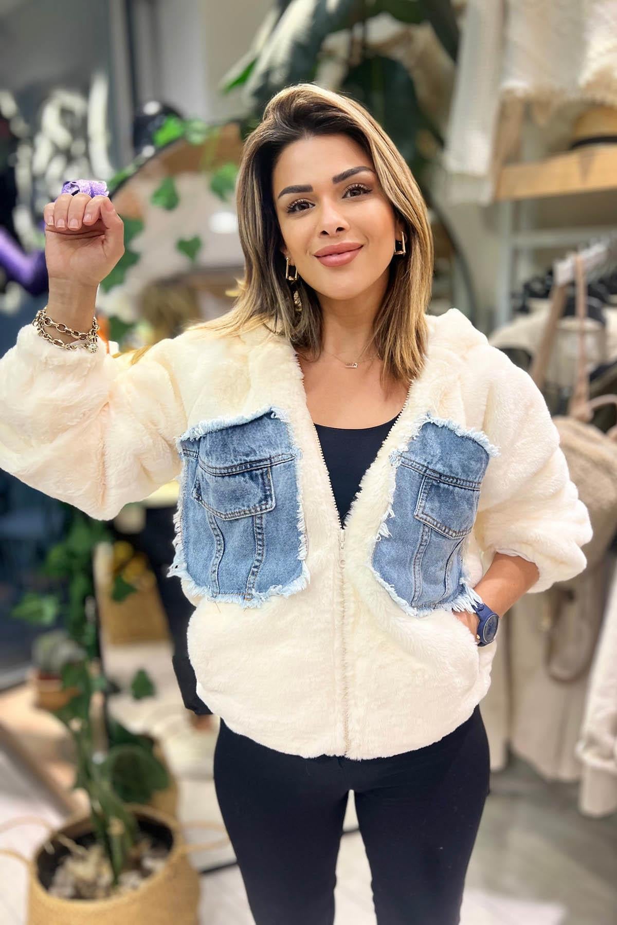 Eswomes Kapişonlu Kot Detay Peluş Mont Krem