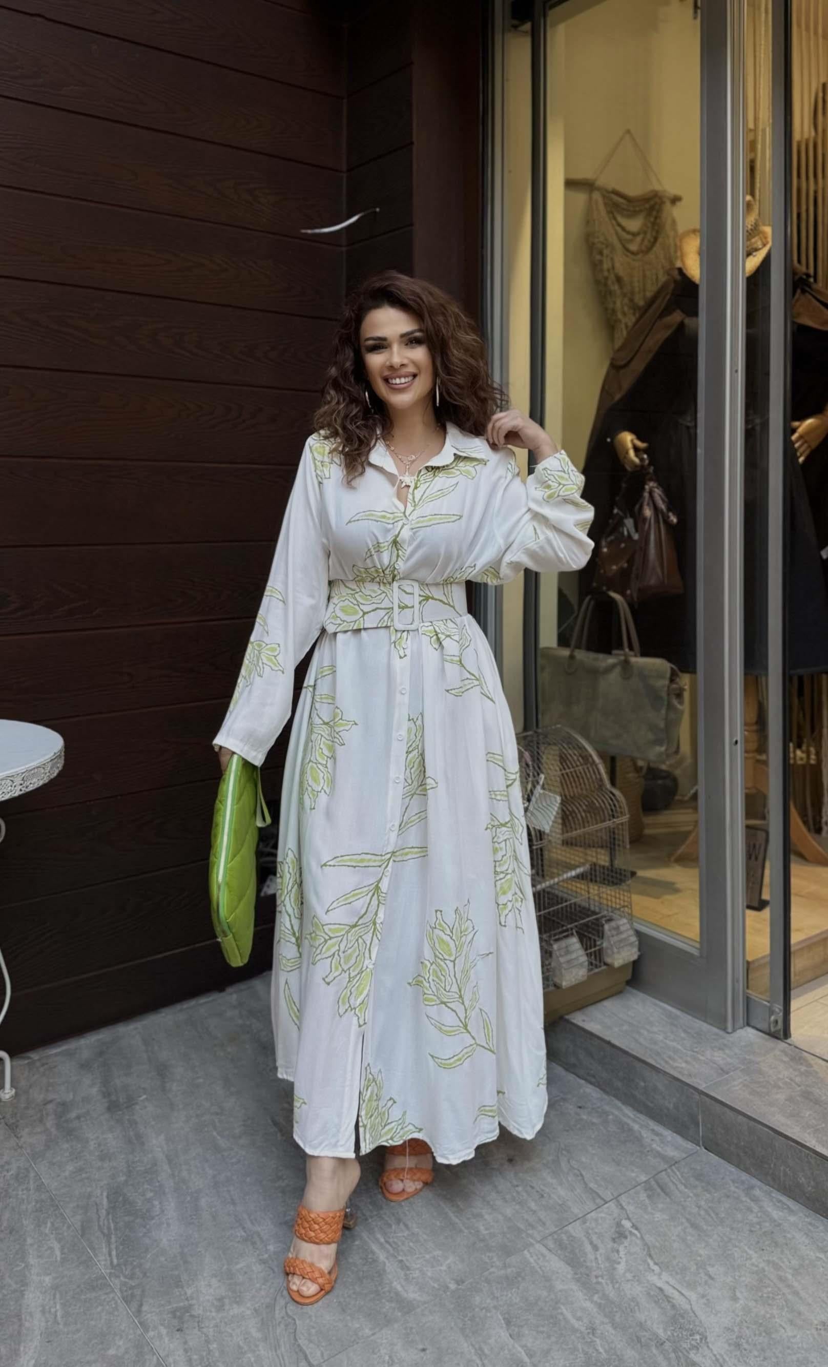 Eswomes Kaplama kalın Kemerli Gömlek Elbise Yeşil