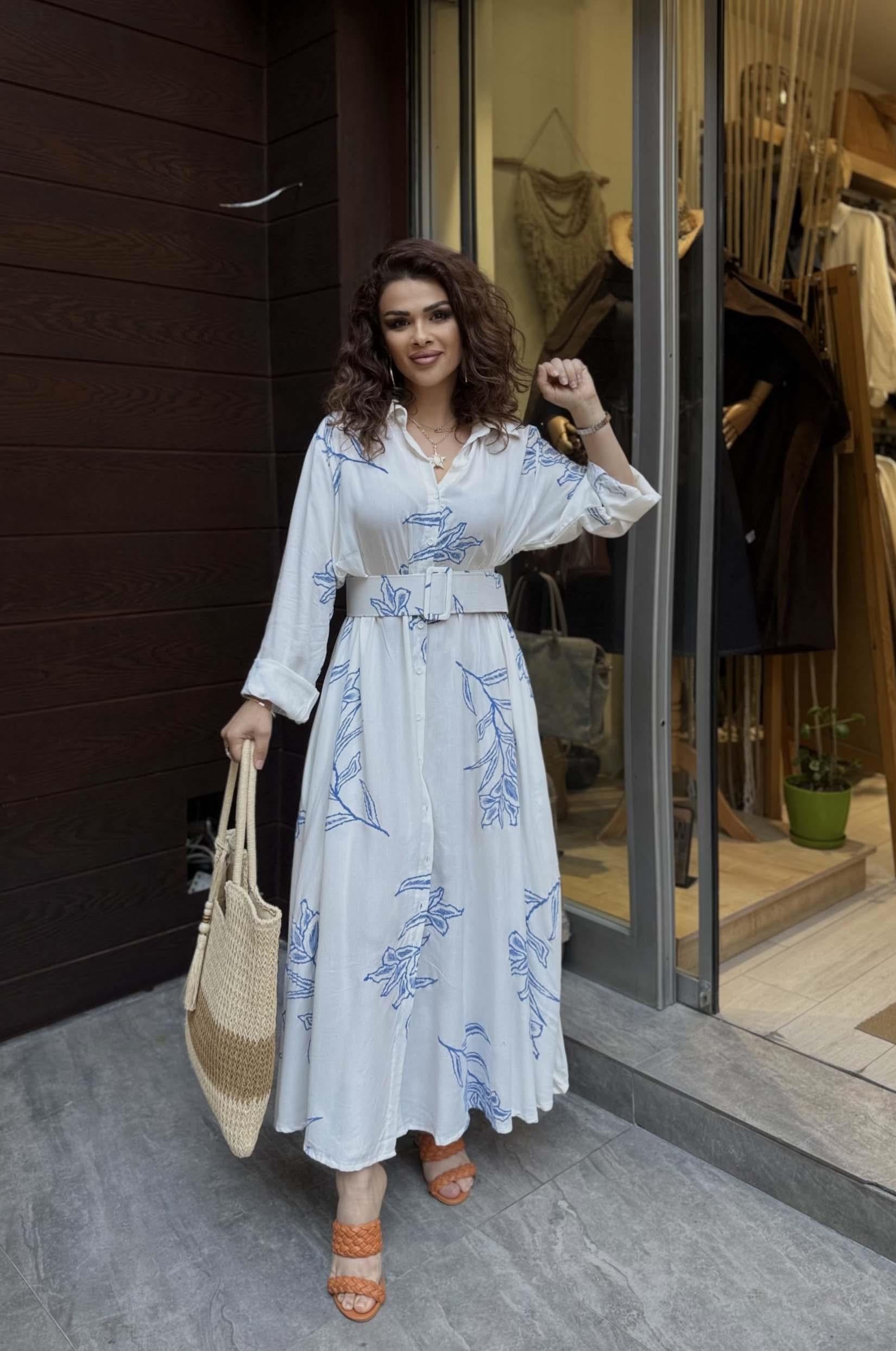 Eswomes Kaplama kalın Kemerli Gömlek Elbise Mavi