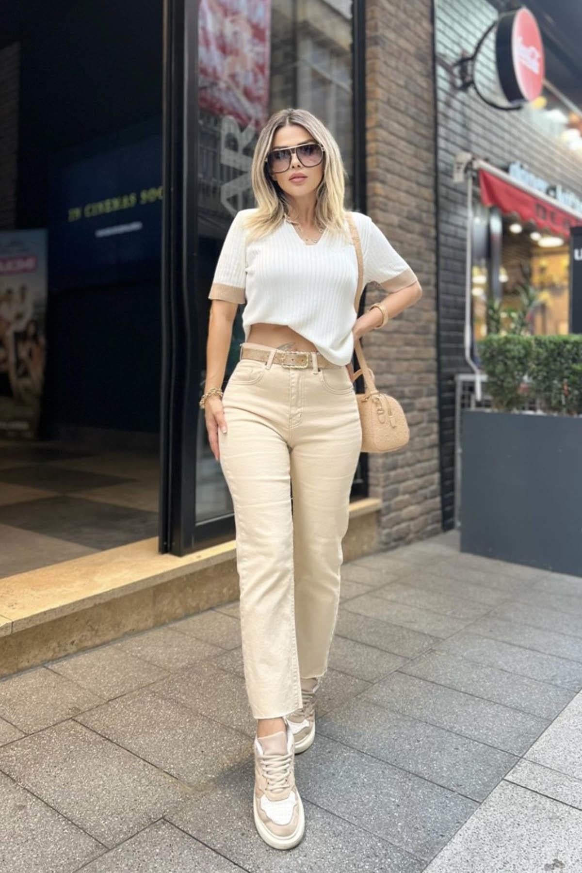 Eswomes Kesik Paça Boyfit Jean Bej