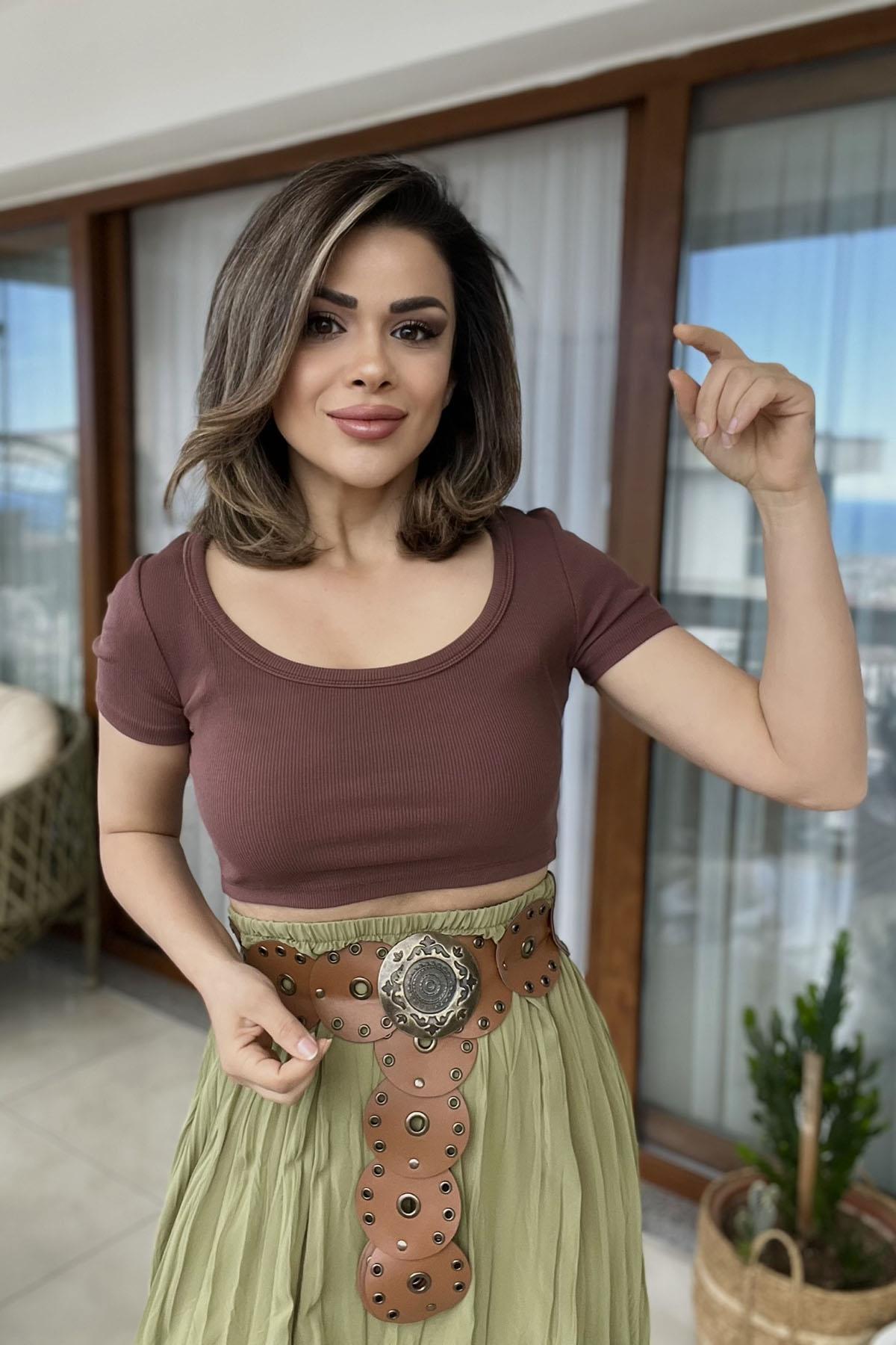 Eswomes KısaKollu Crop Top Kahverengi