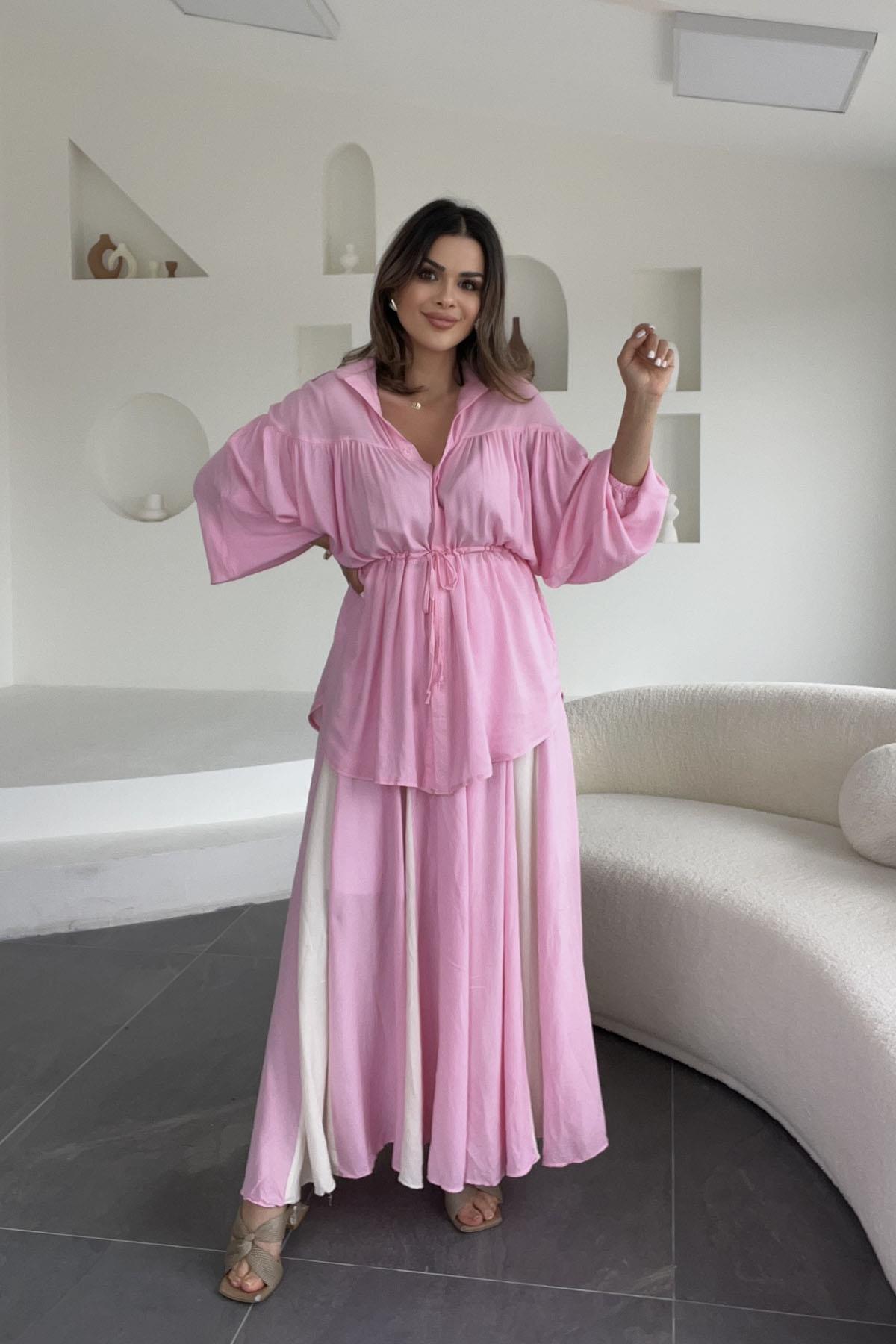 Eswomes Kraşlı İki Renk Keten Etek Pembe