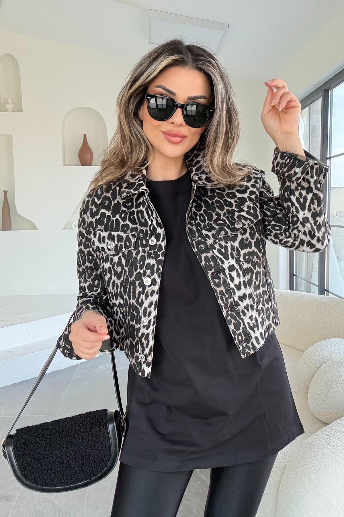 Eswomes Leopar Desen Ön Cepli Ceket leopar