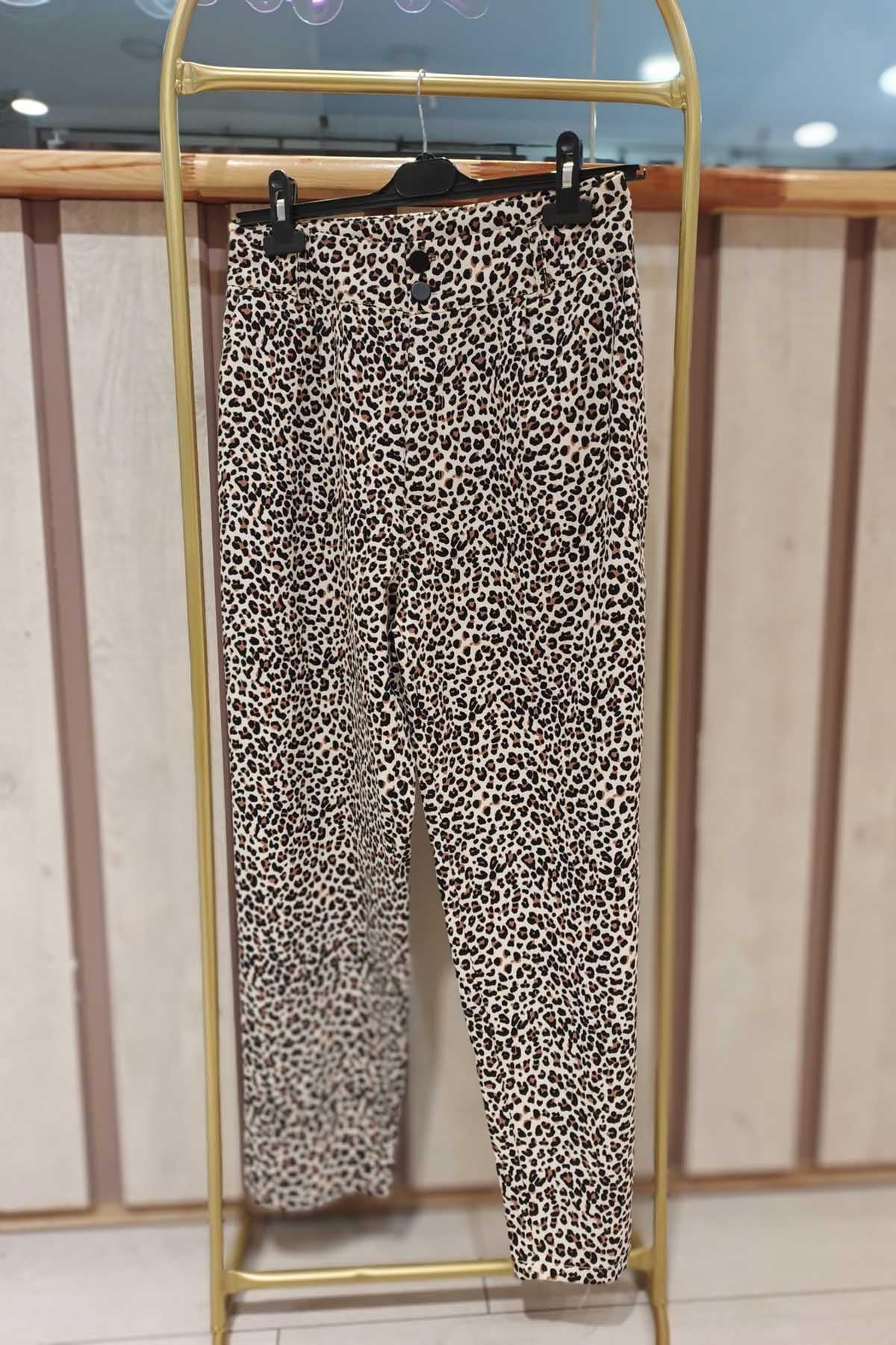 Eswomes Leopar Desenli Mom Pantolon Siyah
