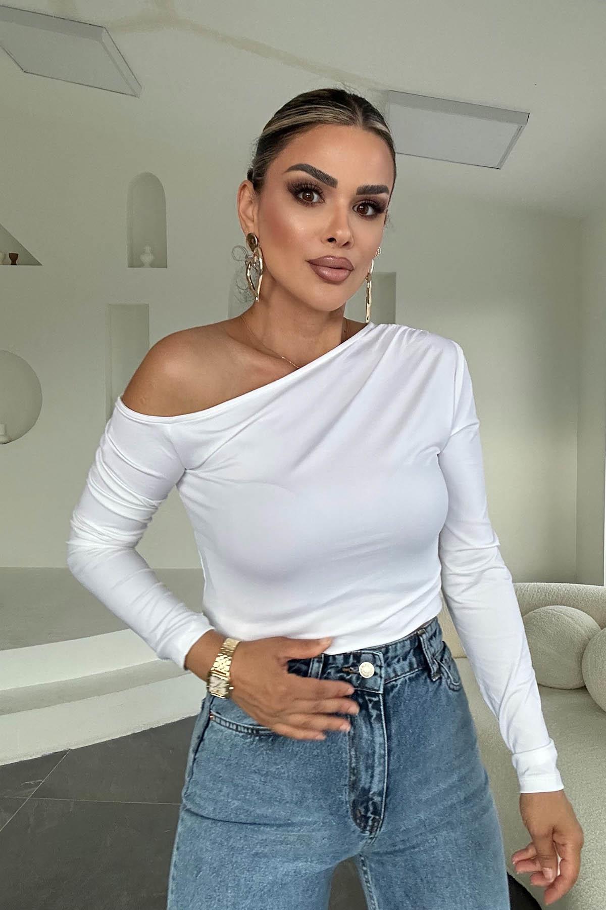 Eswomes Omuz Açık Uzun Kol Bluz Beyaz