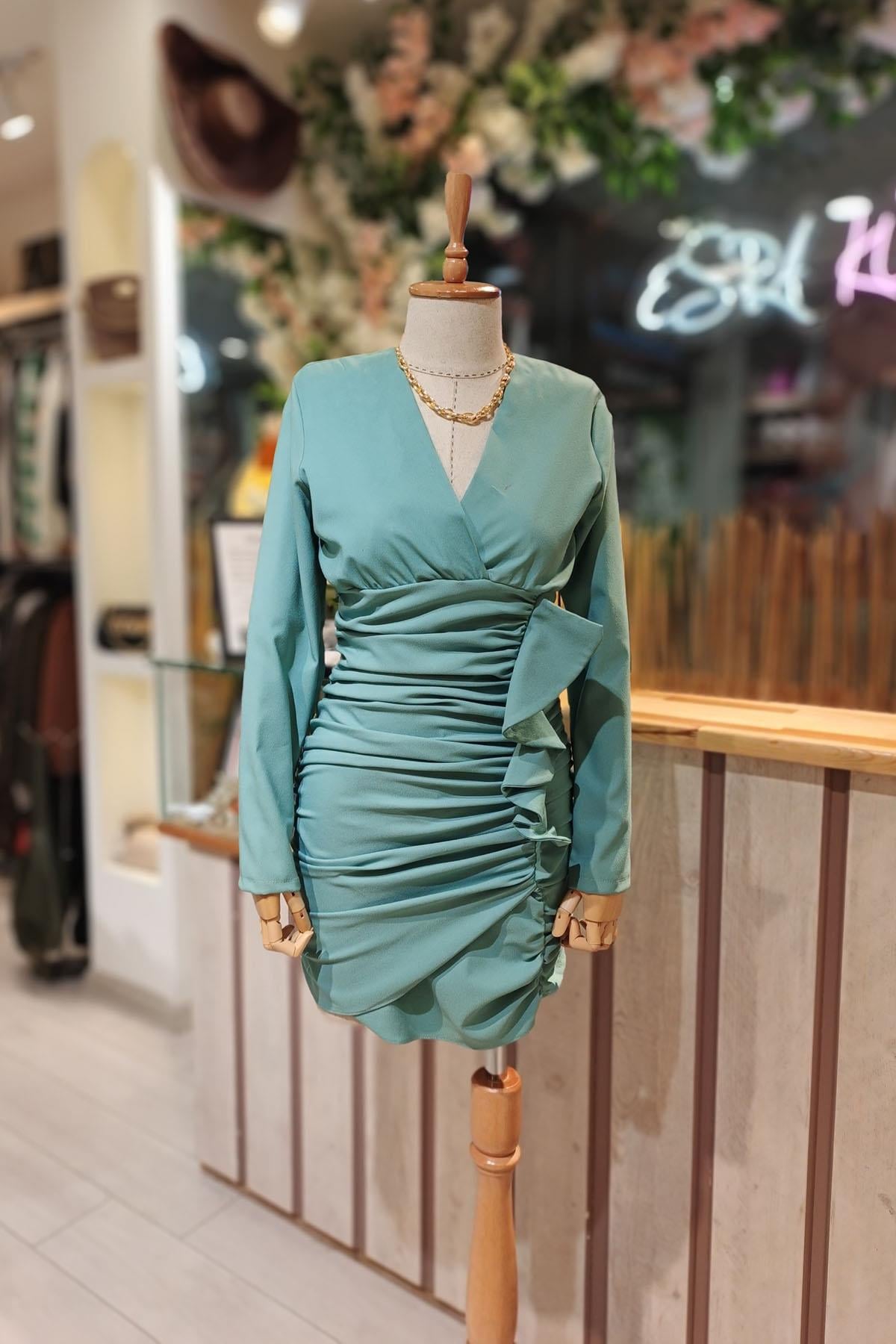 Eswomes Ön Drape Kısa Elbise Mint Yeşili