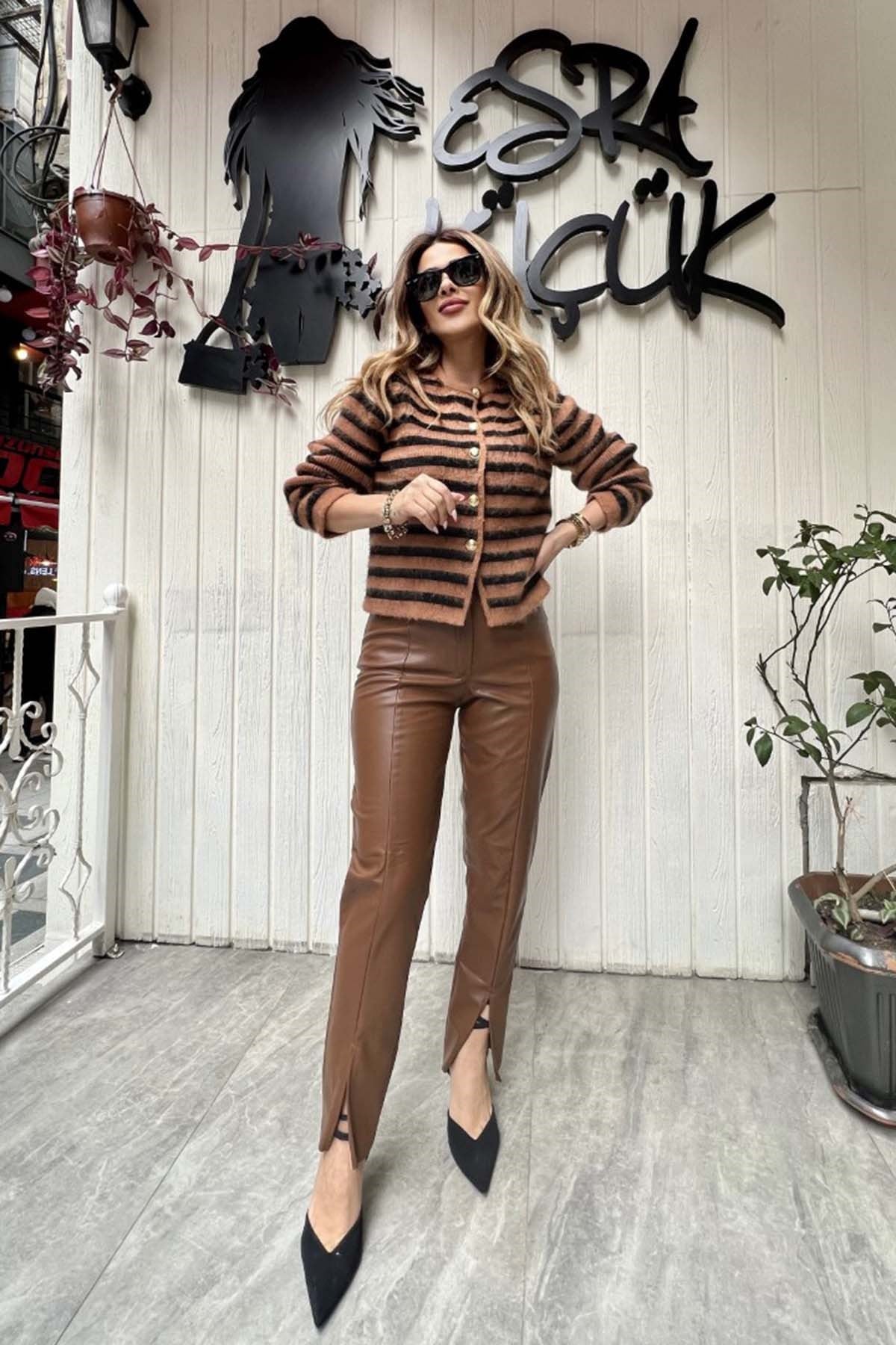 Eswomes Ön Yırtmaçlı Boru Paça Deri Pnt Kahverengi