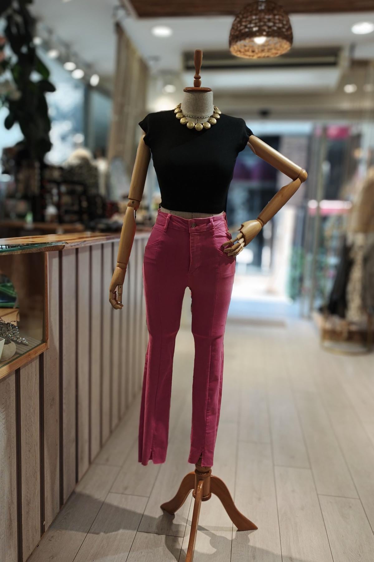 Eswomes Ön Yırtmaçlı Slim Pantolon Fuşya