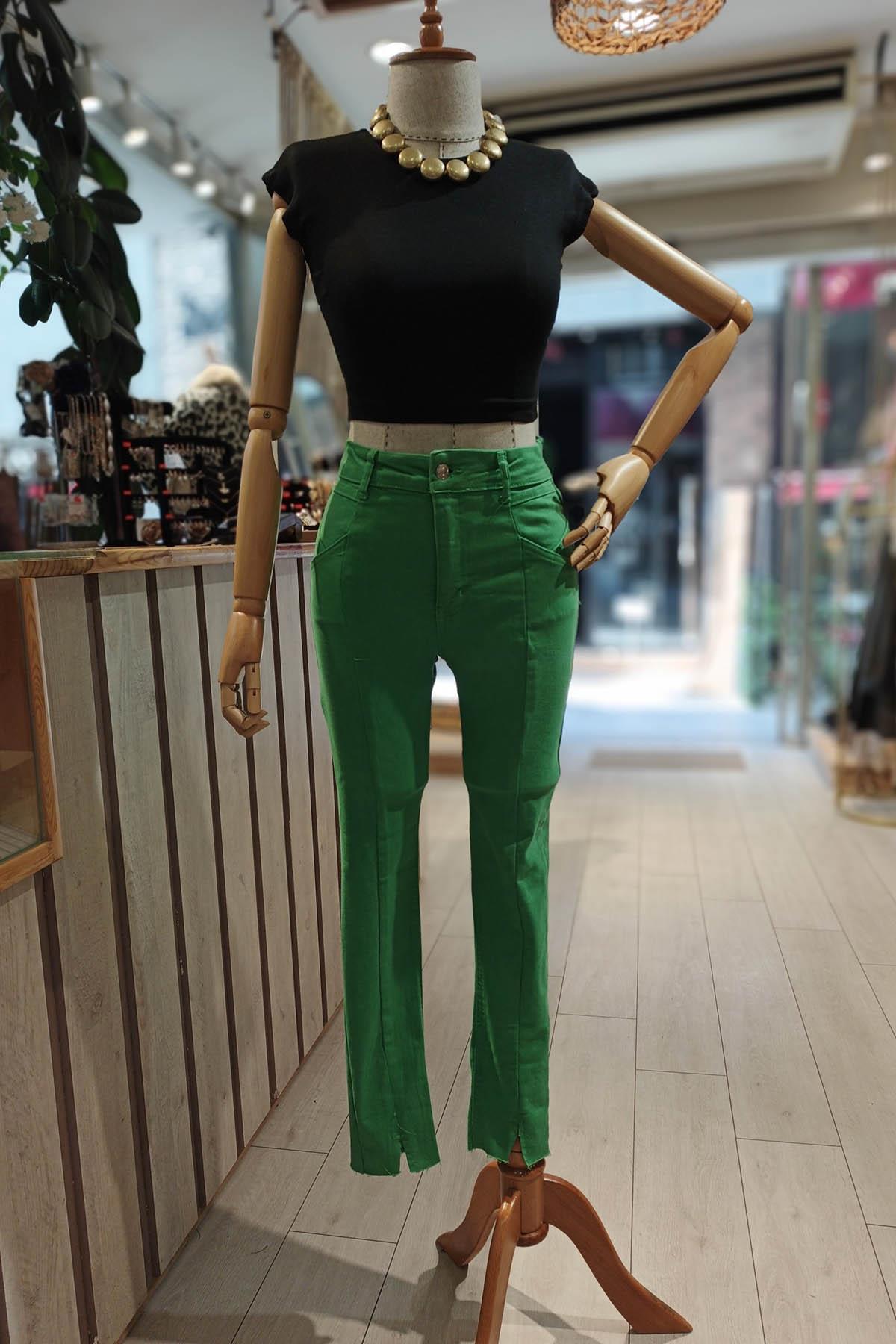Eswomes Ön Yırtmaçlı Slim Pantolon Yeşil