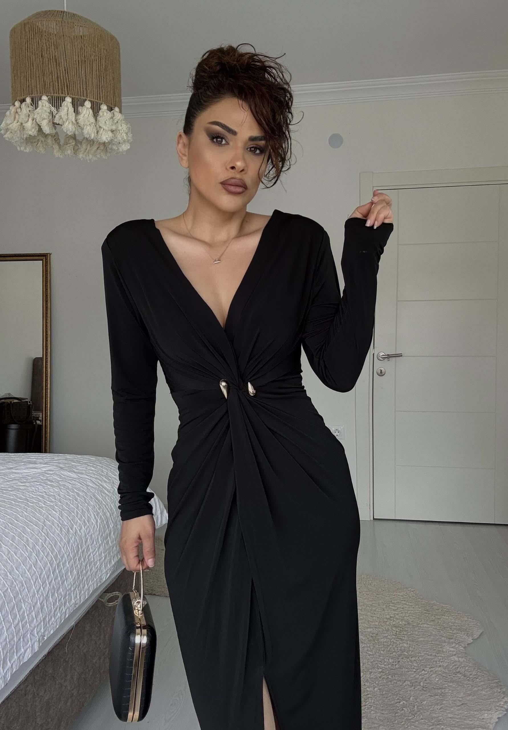 Eswomes Ön Yırtmaçlı V Yaka Dekolteli Elbise Siyah