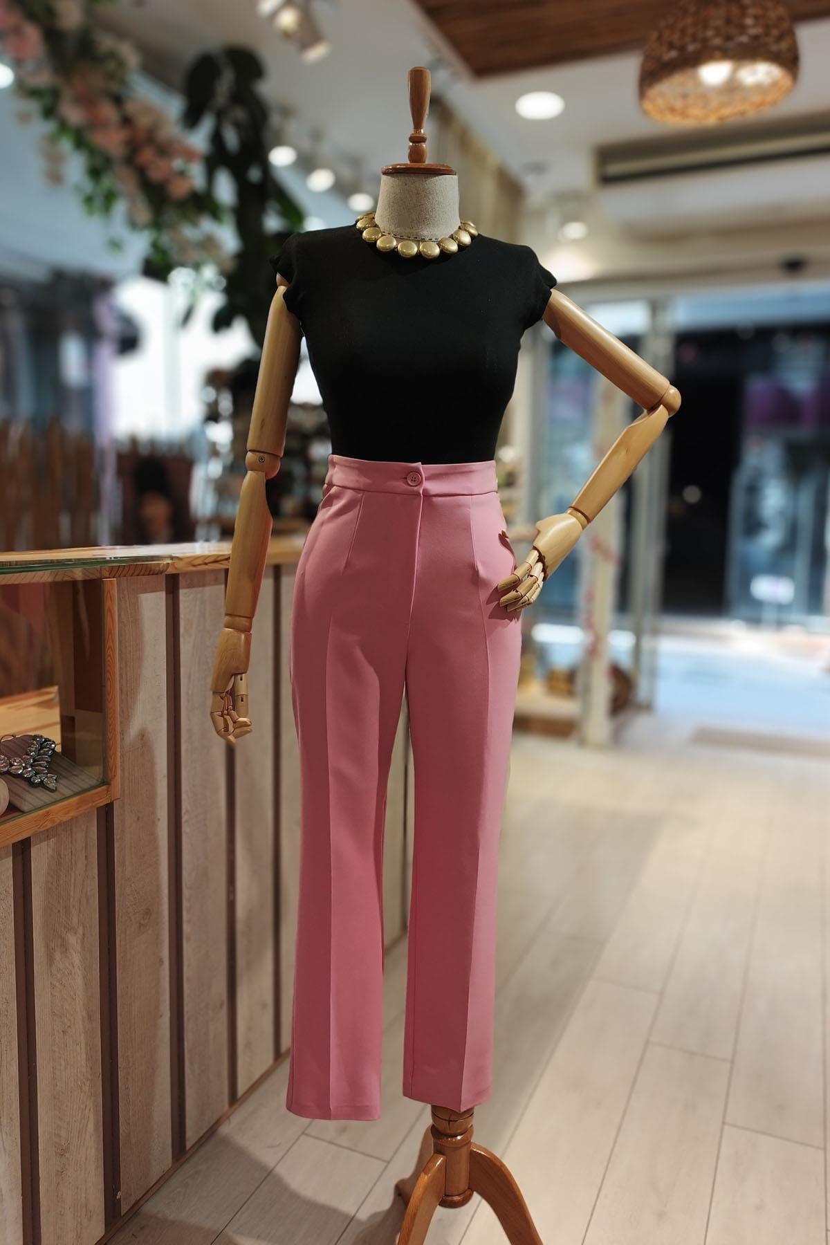 Eswomes Önü Ütü İzli Yüksek Bel Havuç Pantolon Pembe