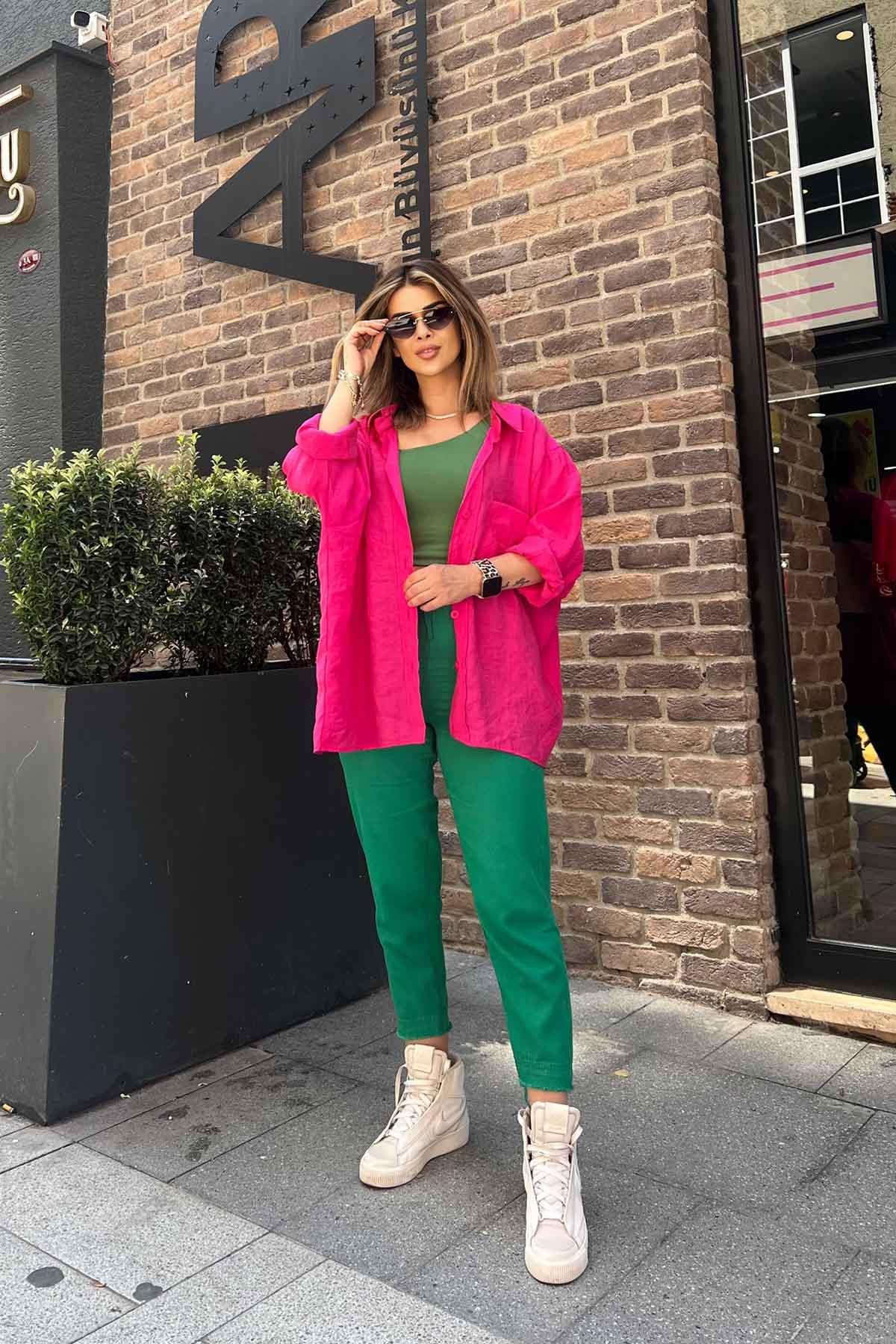 Eswomes Paçası Saçaklı Gabardin Pantolon Yeşil