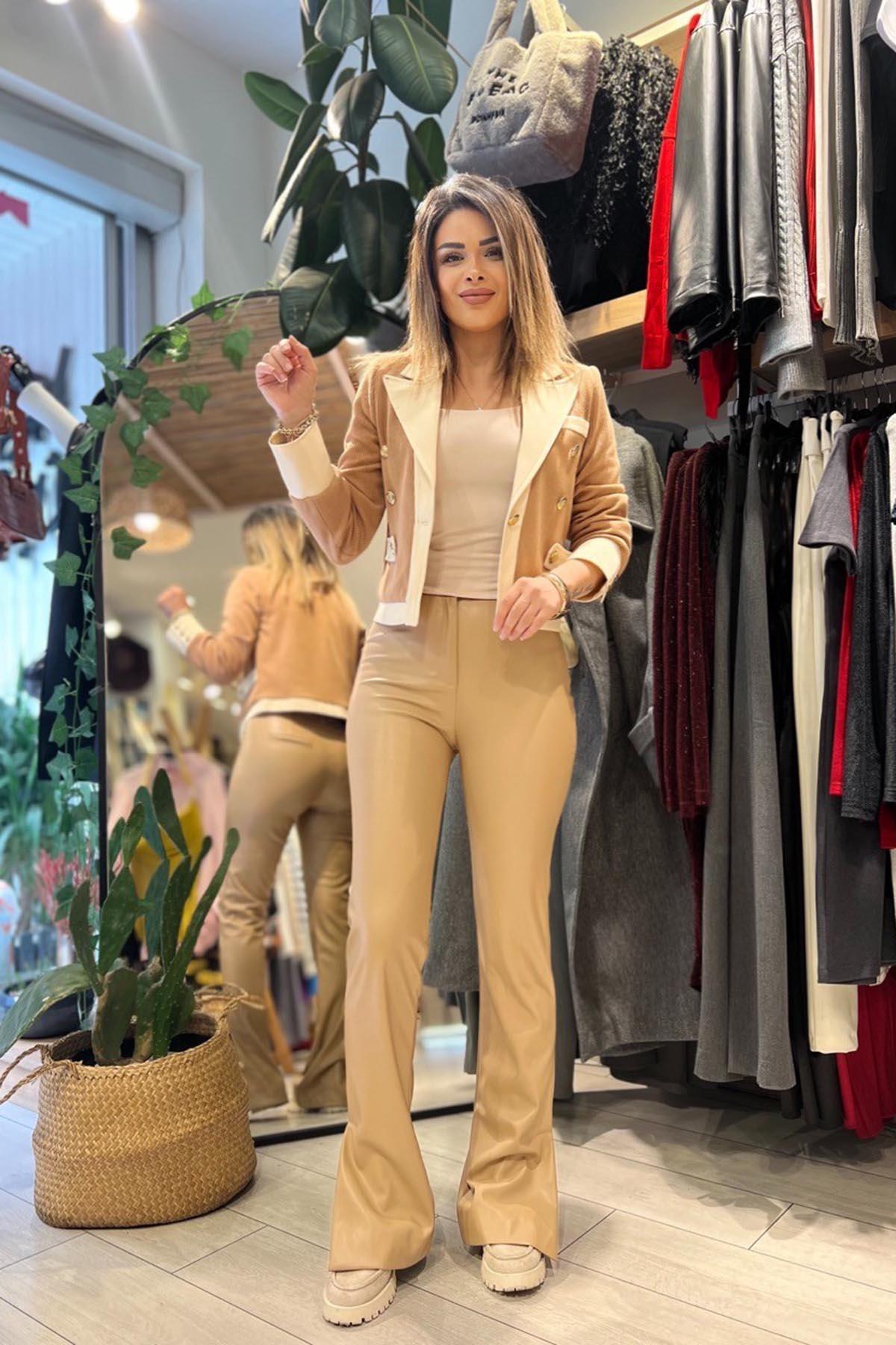 Eswomes Paçası Yan Yırtmaçlı Deri Pantolon Camel