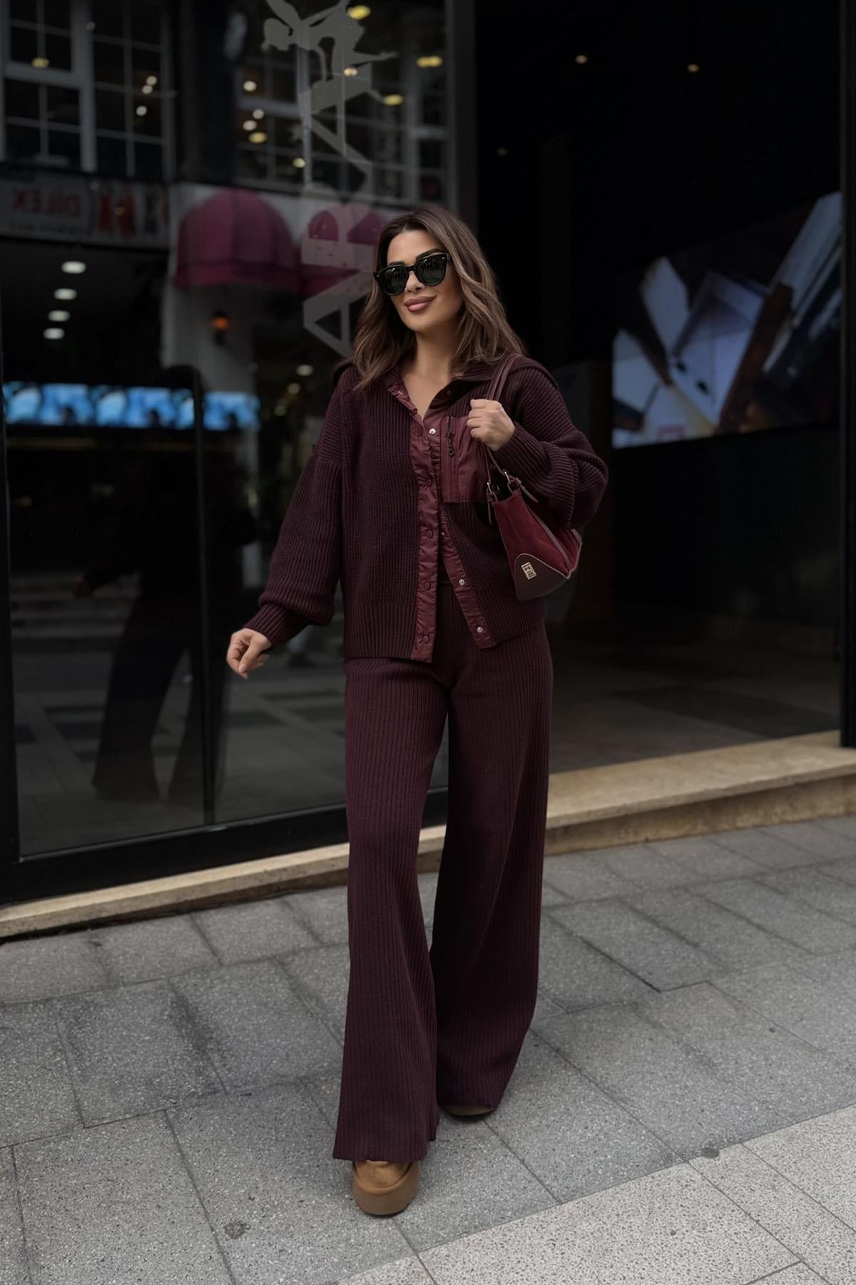 Eswomes Paraşüt Garnili Triko Takım Bordo