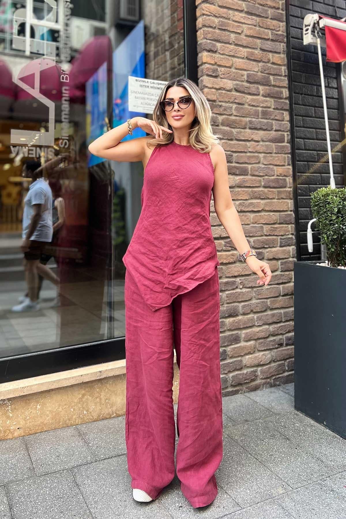 Eswomes Sıfır Kol Buluz & Salaş Pantolon Takım Bordo